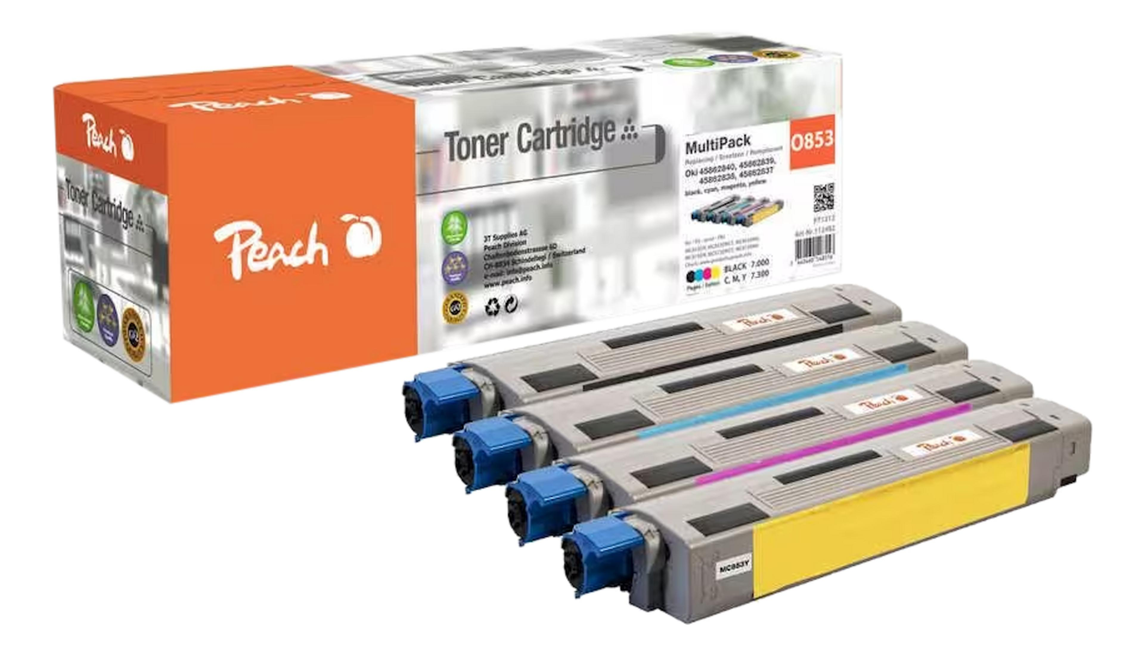 Multipack tonerów Peach z czterema wkładami w kolorach pomarańczowym, czarnym, cyjan, magenta, żółtym.