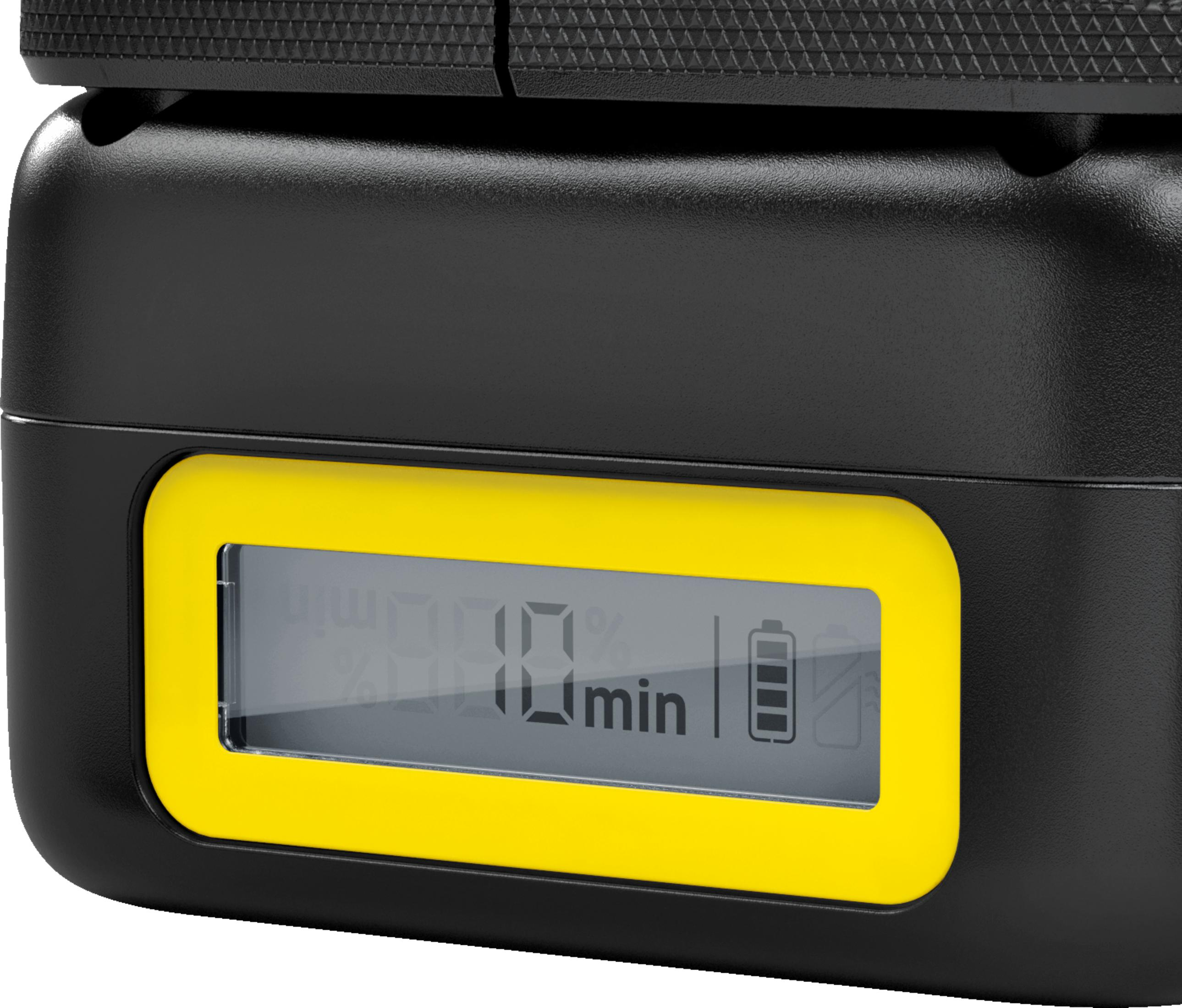 Czarne urządzenie z żółtą ramką pokazuje 100% baterii i 10 min.