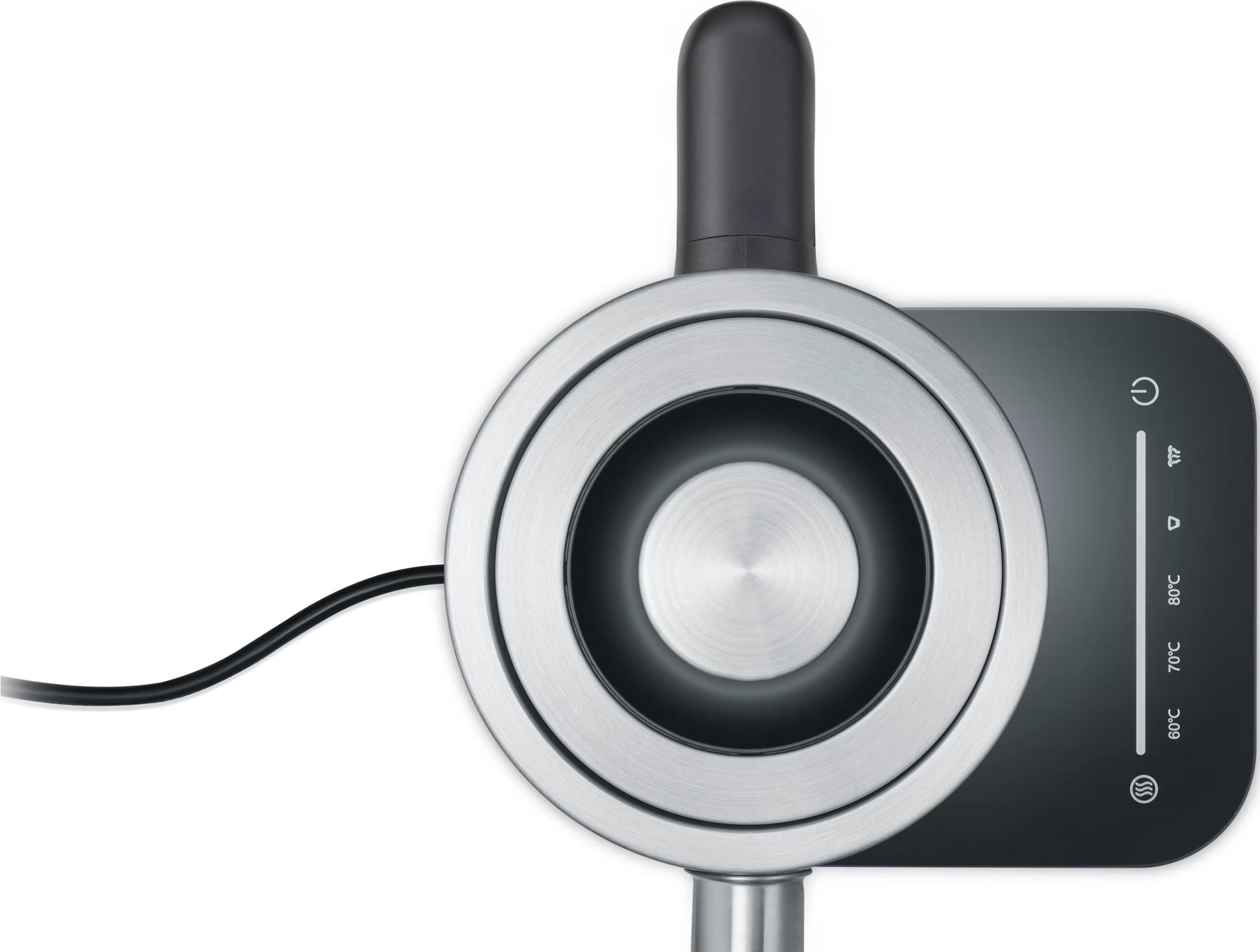 Czajnik elektryczny z metalicznym wykończeniem i czarną rączką.