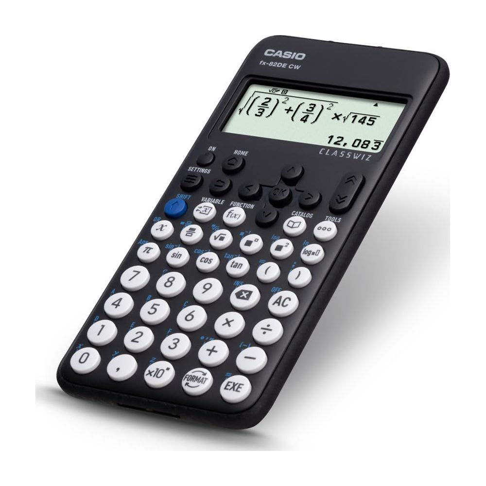 Czarny kalkulator Casio z ekranem i przyciskami. Oblicza wzór matematyczny.