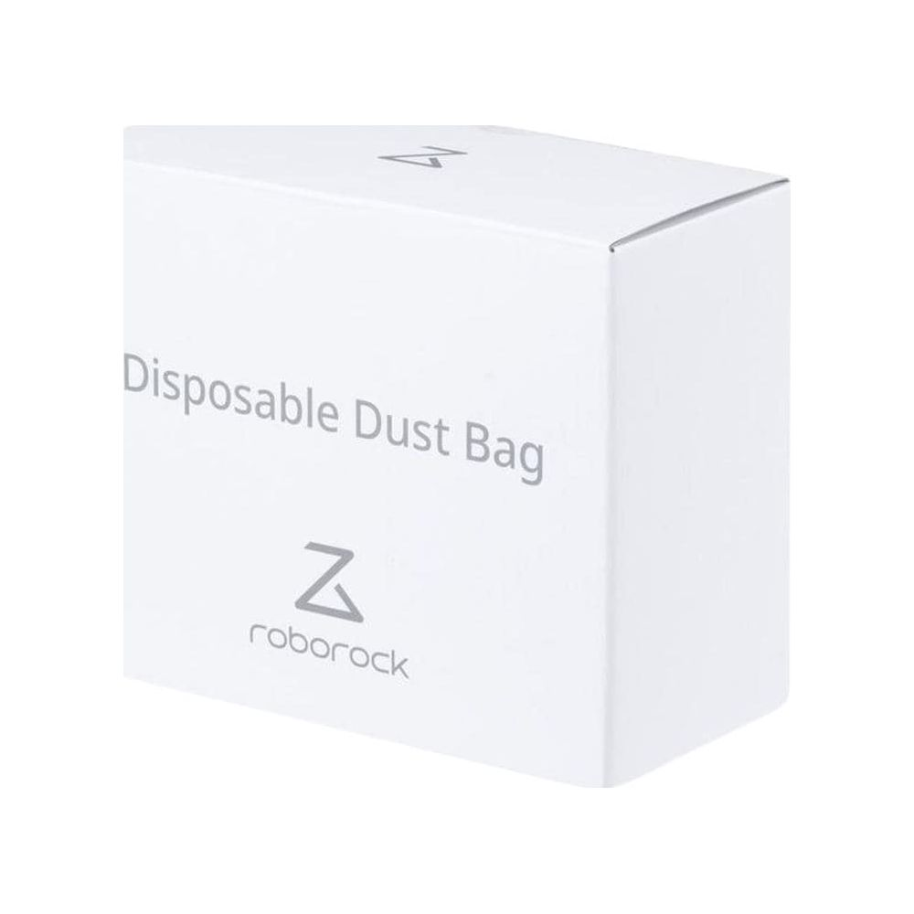 Weiße Schachtel mit "Disposable Dust Bag" und Roborock-Logo.