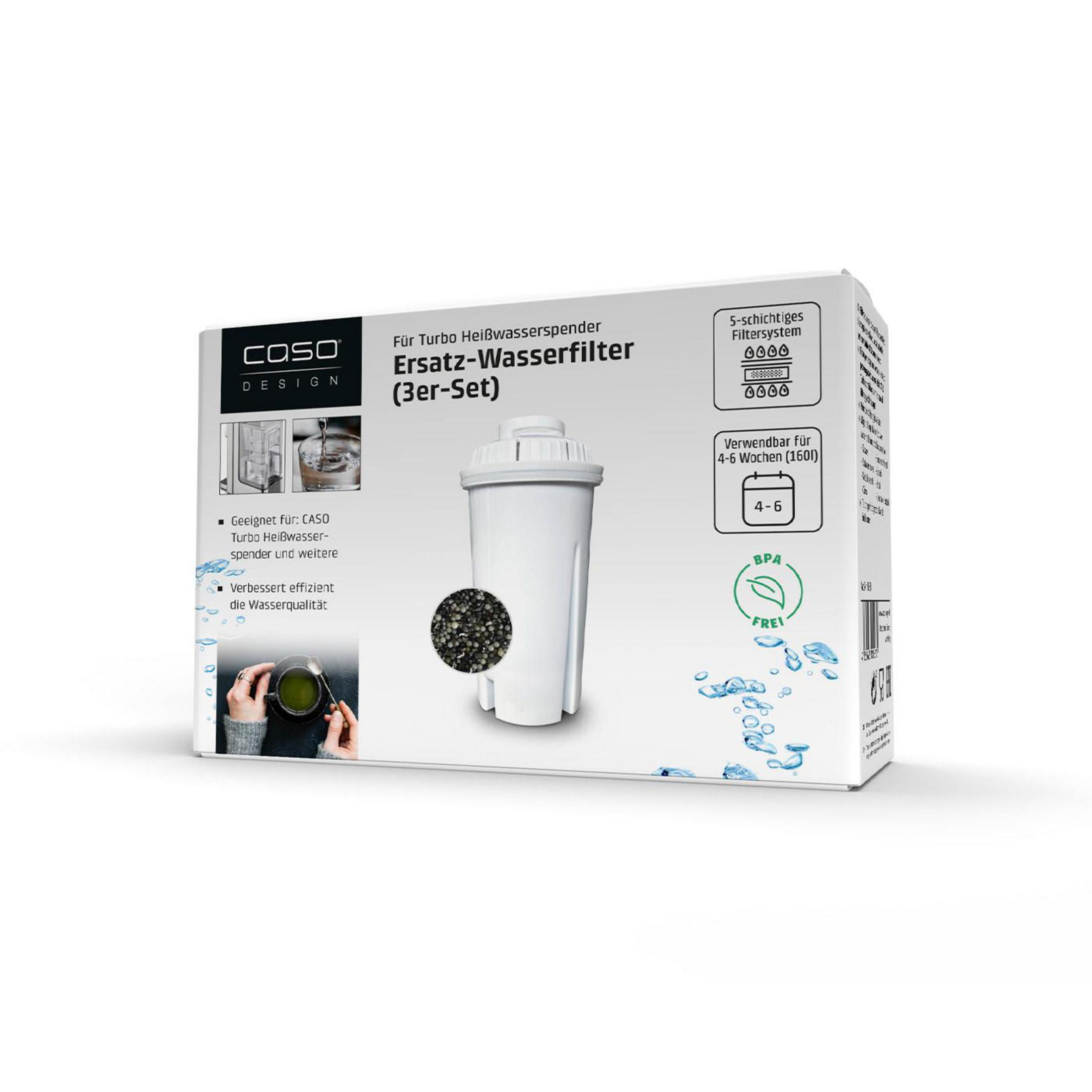 Verpackung eines weißen CASO Ersatz-Wasserfilters mit Aktivkohle. BPA frei.