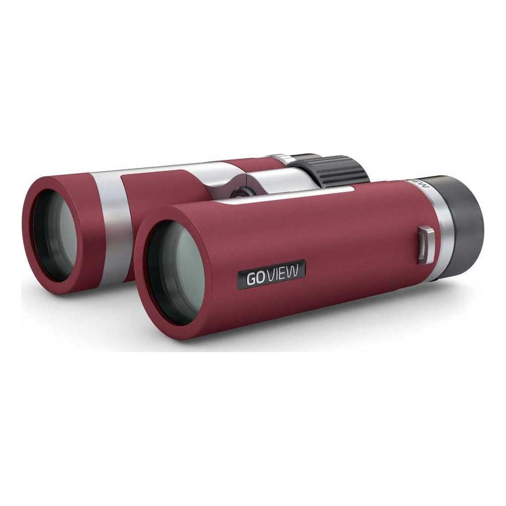 Binocolo rosso GoView con accenti argentati, primo piano.