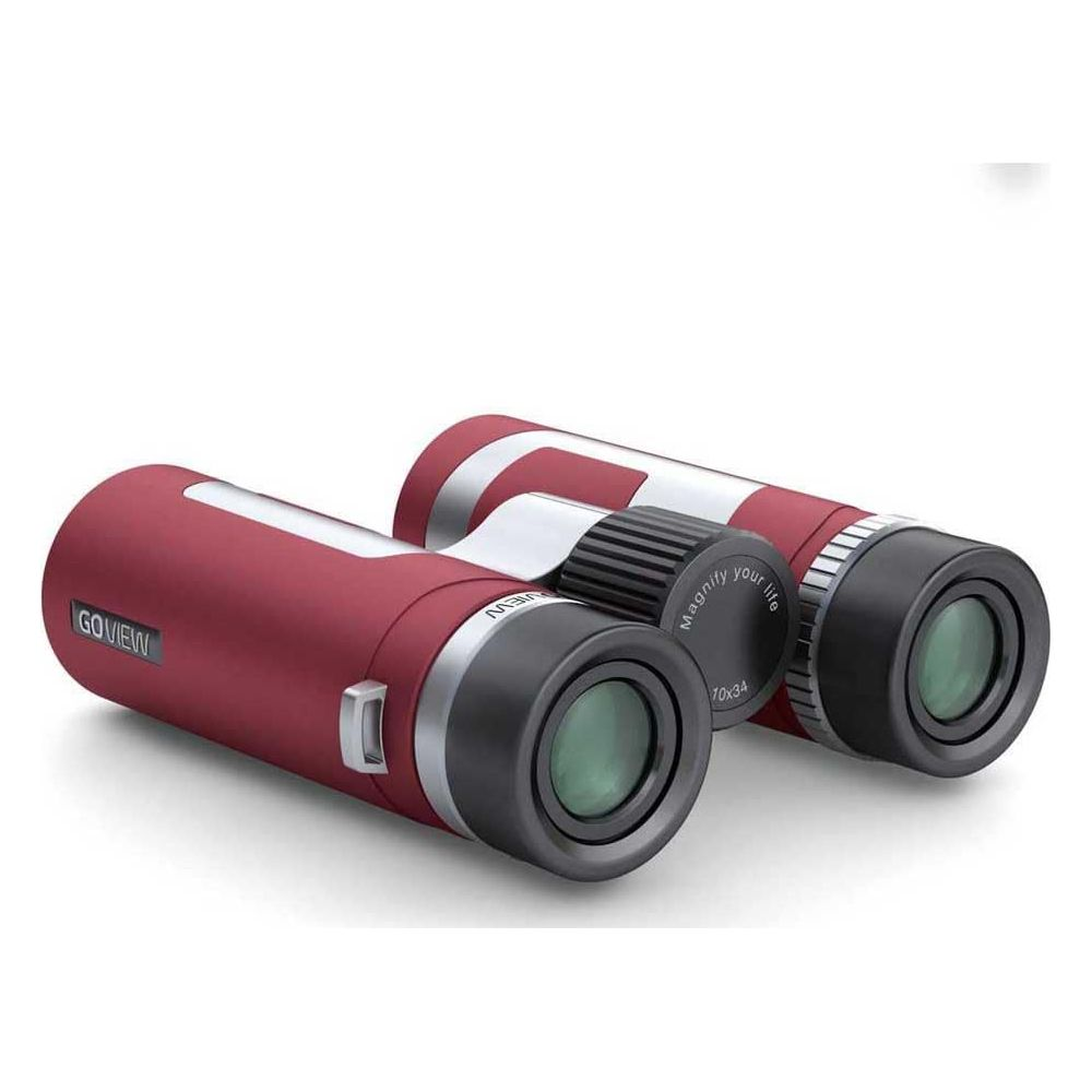 Binocolo rosso con accenti argentati e ghiera di messa a fuoco nera. Etichette: GOVIEW, Magnify your life, 10x34.