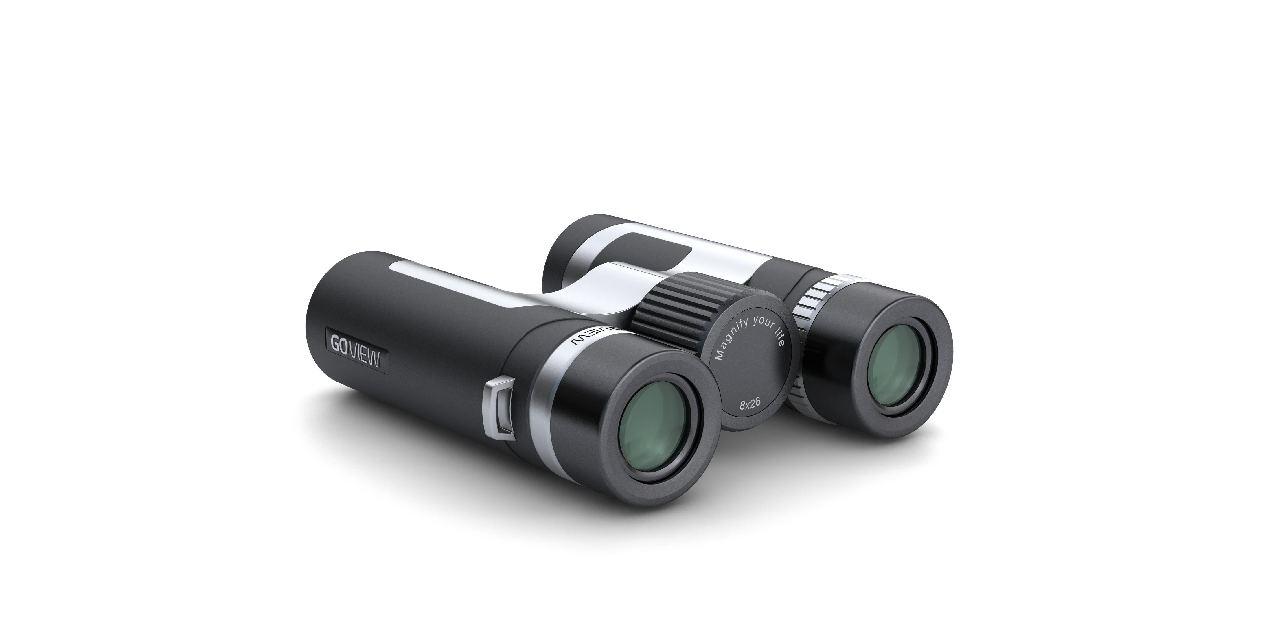 Binocolo nero con accenti argentati su sfondo bianco.