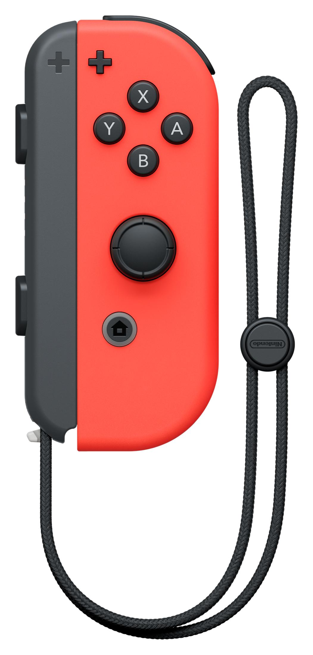 Czerwony i szary kontroler Nintendo Switch Joy-Con z czarną smyczą na nadgarstek.