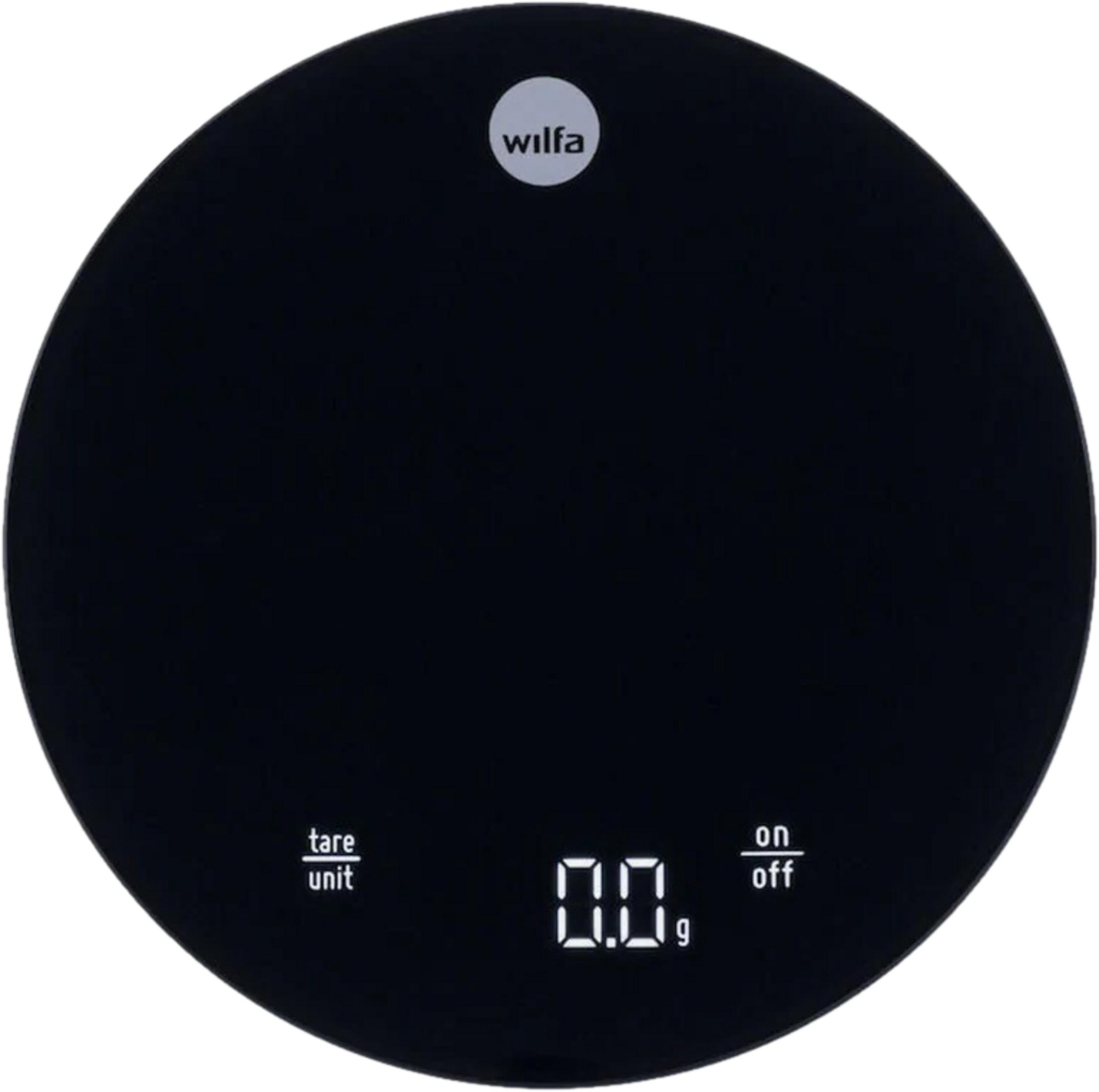 Schwarze digitale Küchenwaage mit Wilfa-Logo und Anzeige 0.0g.