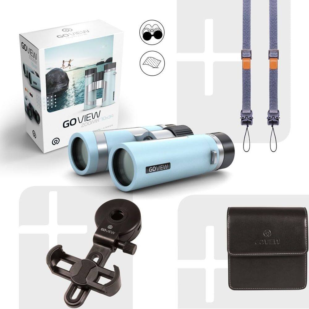 Binocolo azzurro con accessori: scatola, cinghie, supporto telefono, custodia.