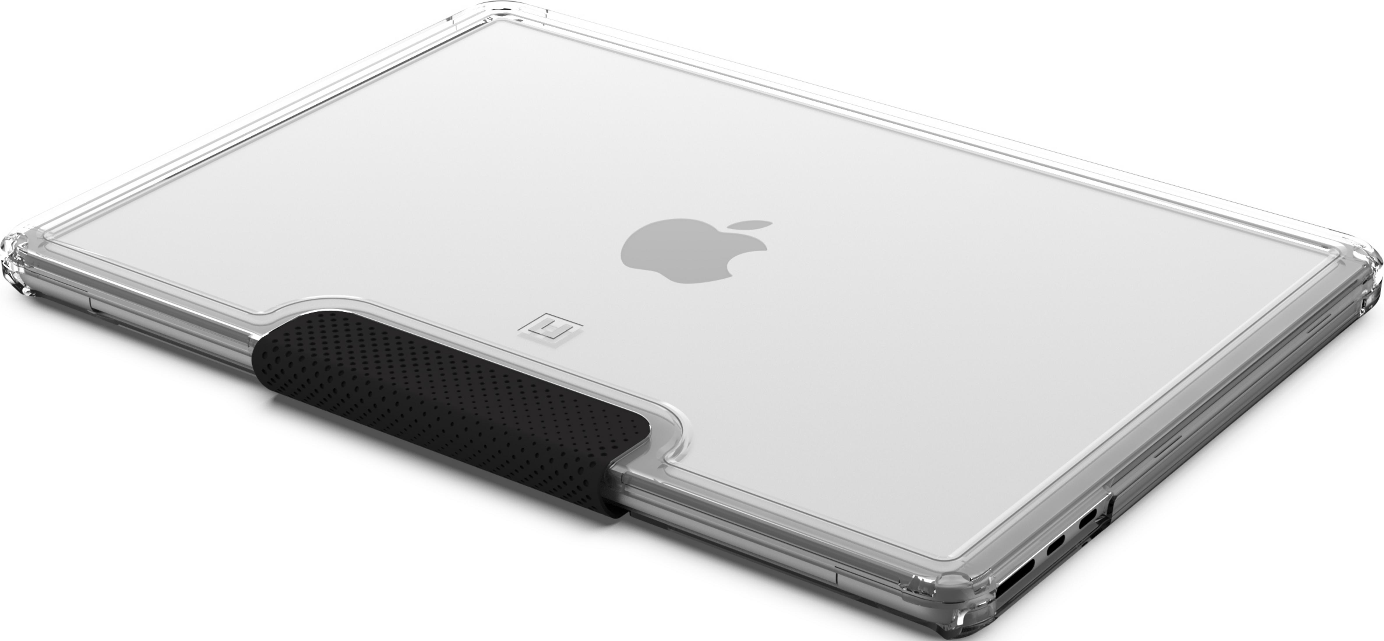 Przezroczyste etui na laptopa Apple z czarnym uchwytem.