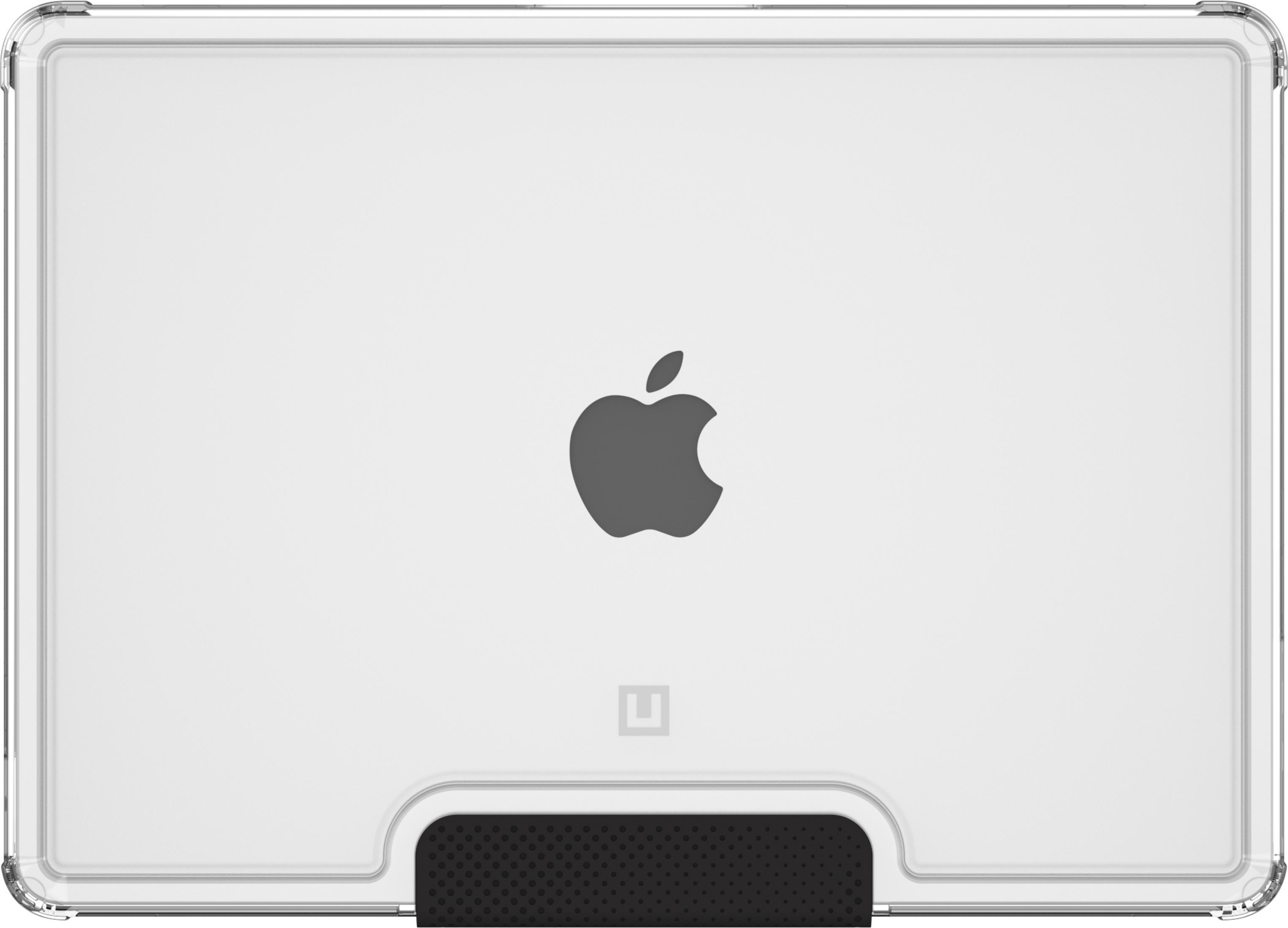 Przezroczyste etui z logo Apple i czarnym paskiem na dole.