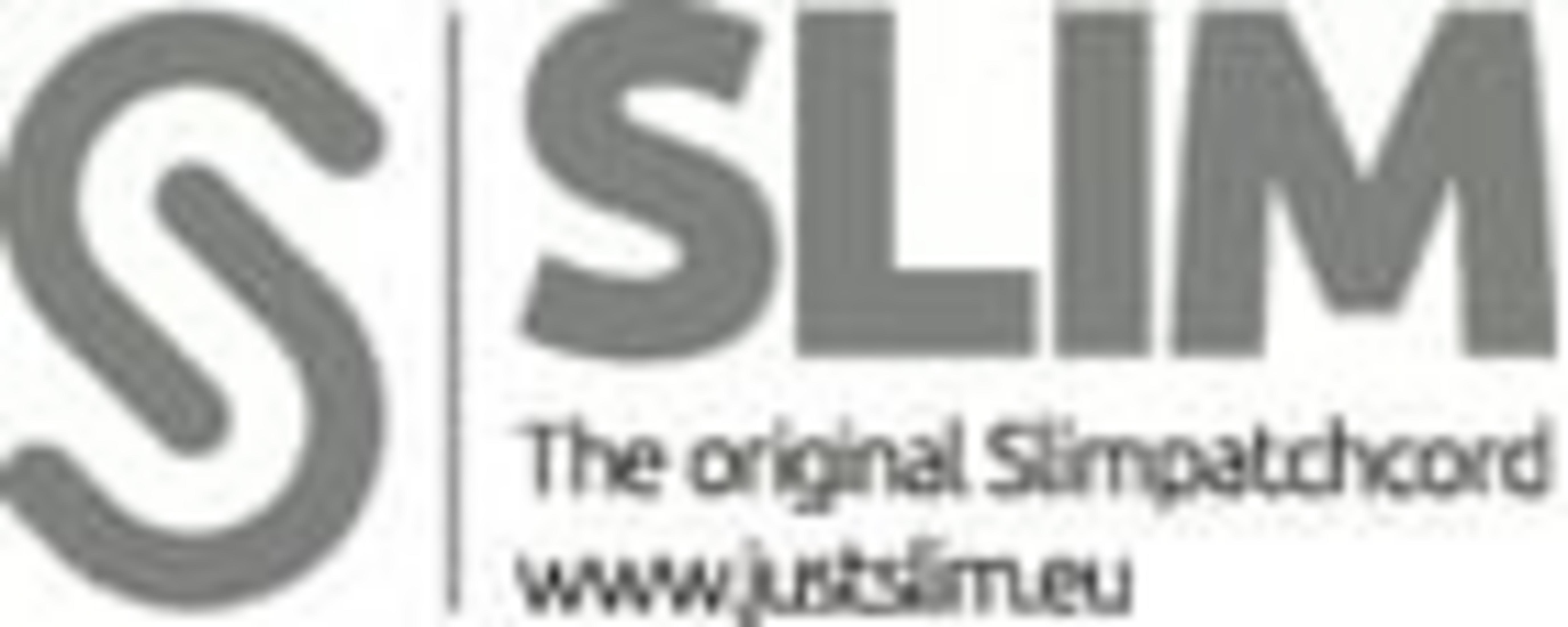 Logo gris avec 'SLIM' et 'The original Slimpatchcord www.justslim.eu'