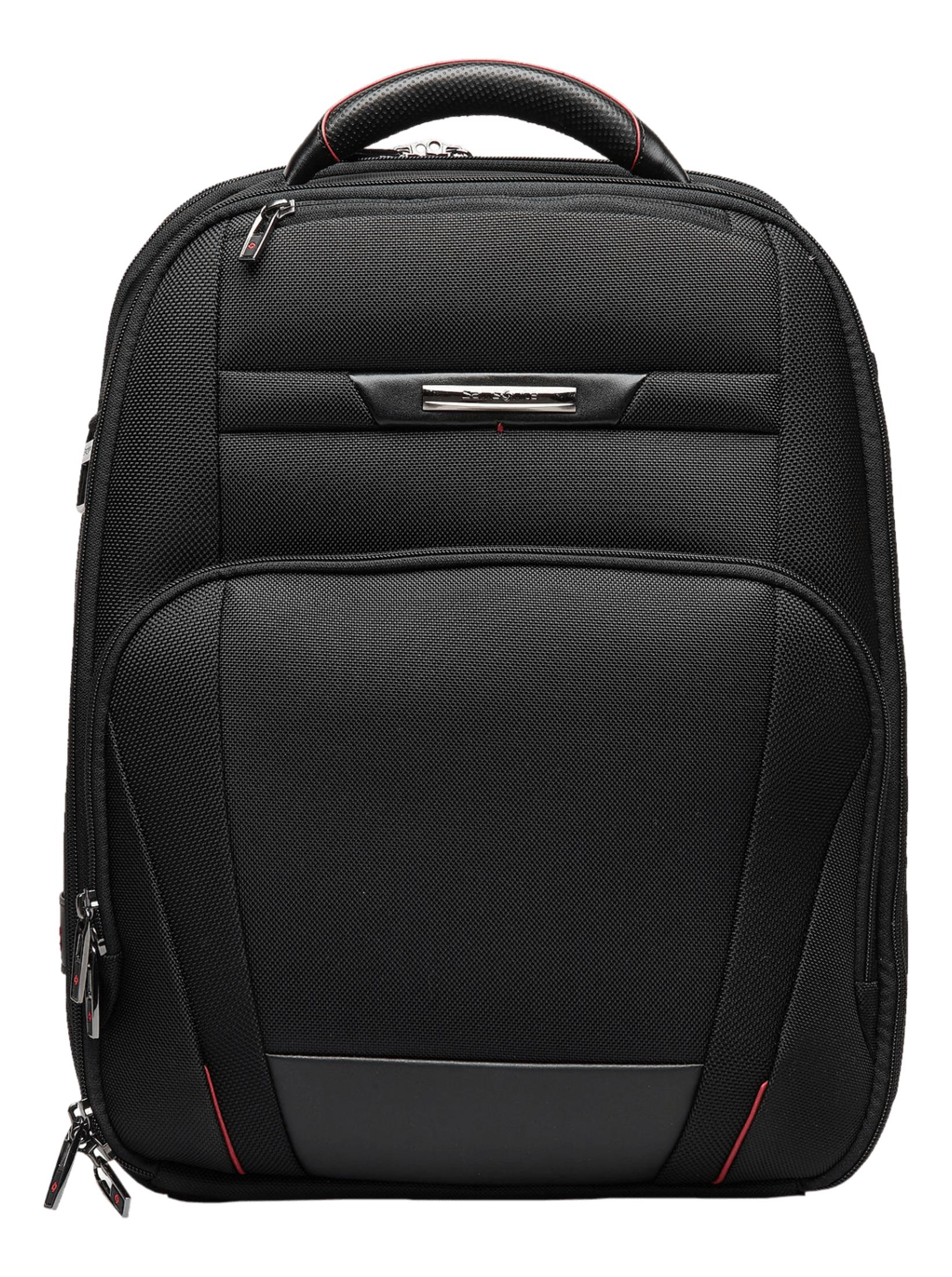 Schwarzer Rucksack mit rotem Akzent und silbernem Logo.