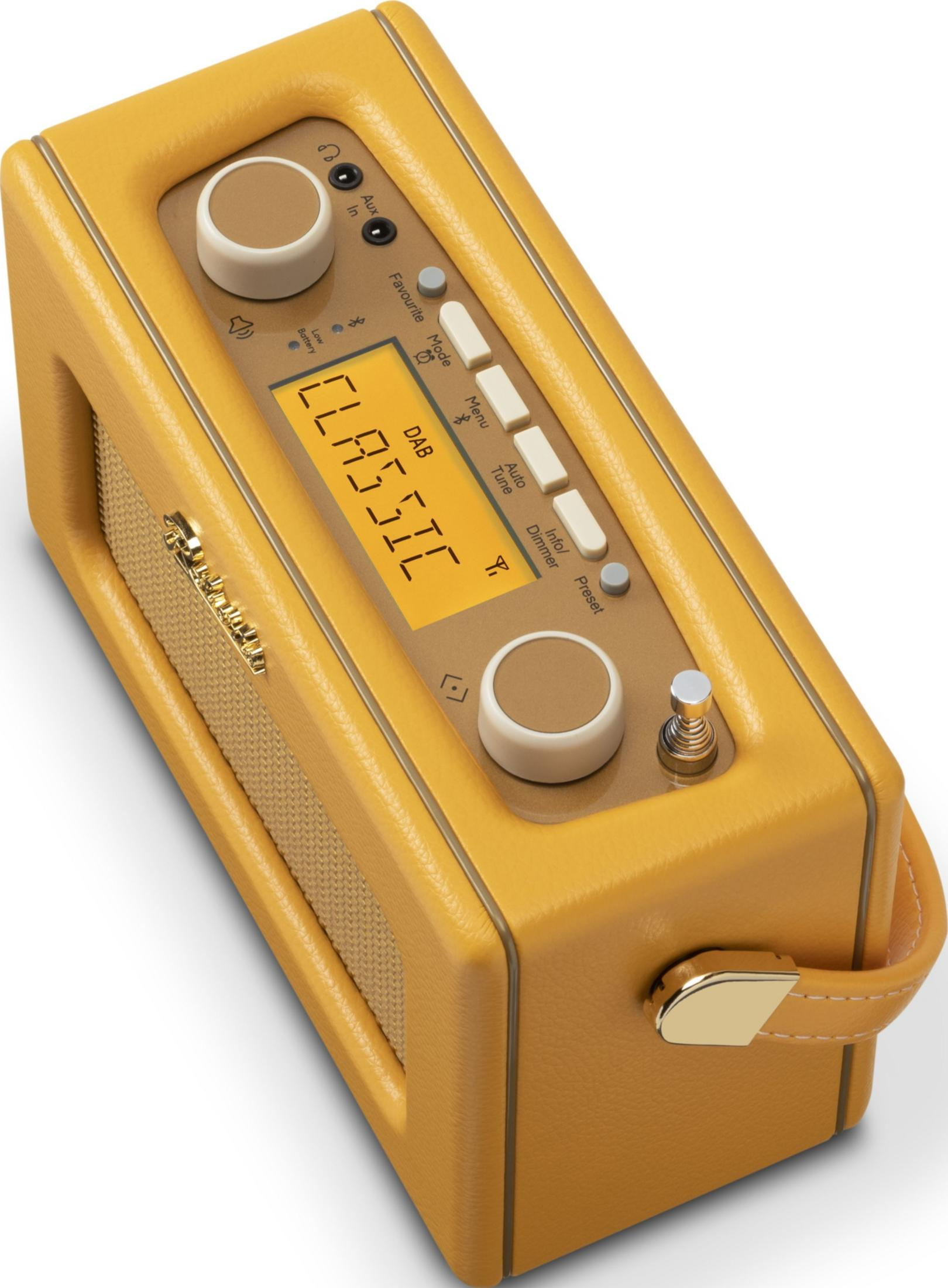 Ein gelber DAB-Radio mit Knöpfen und einem Display, das CLASSIC anzeigt.