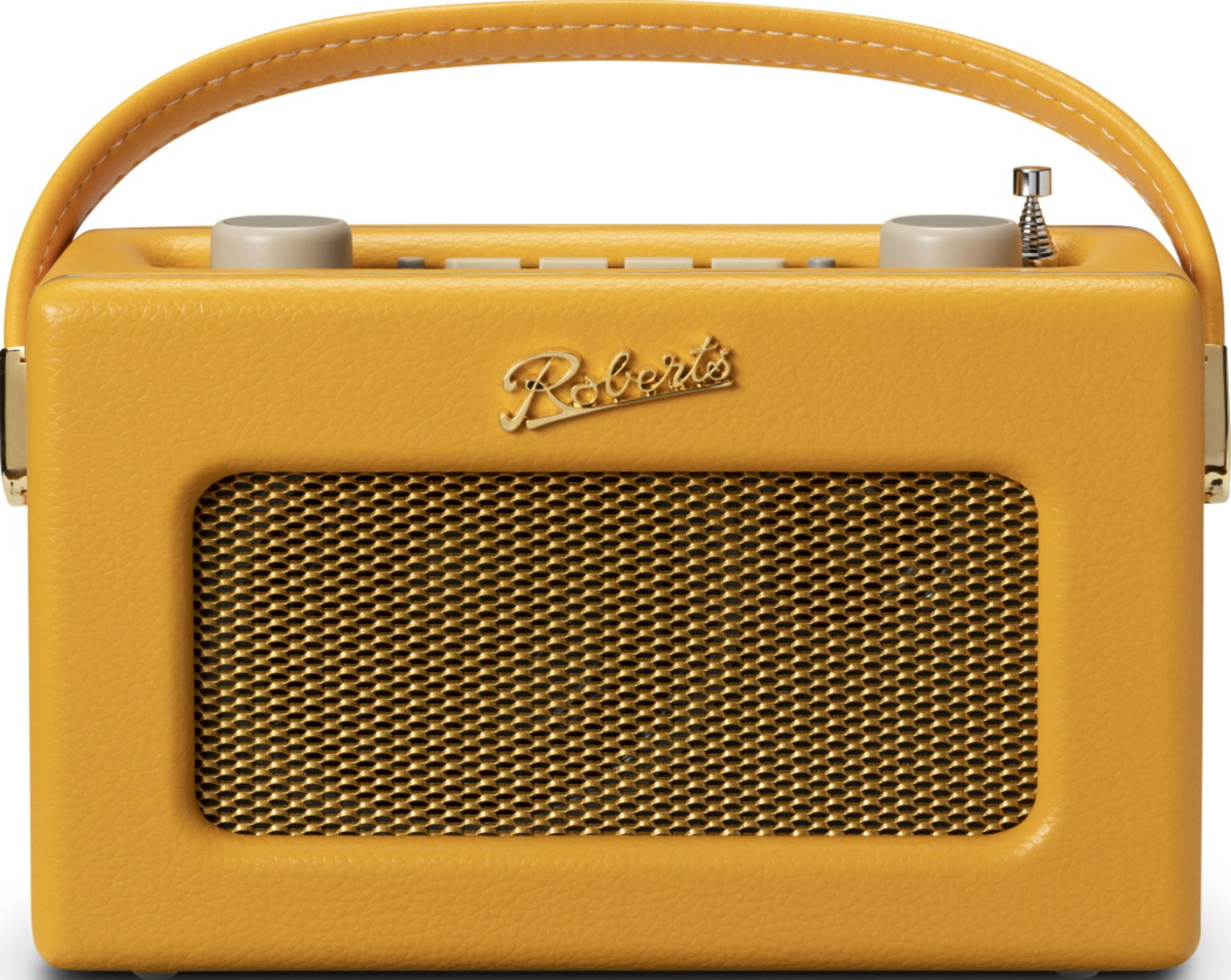 Ein gelber Retro-Radio mit goldenem Lautsprechergrill und Tragegriff.