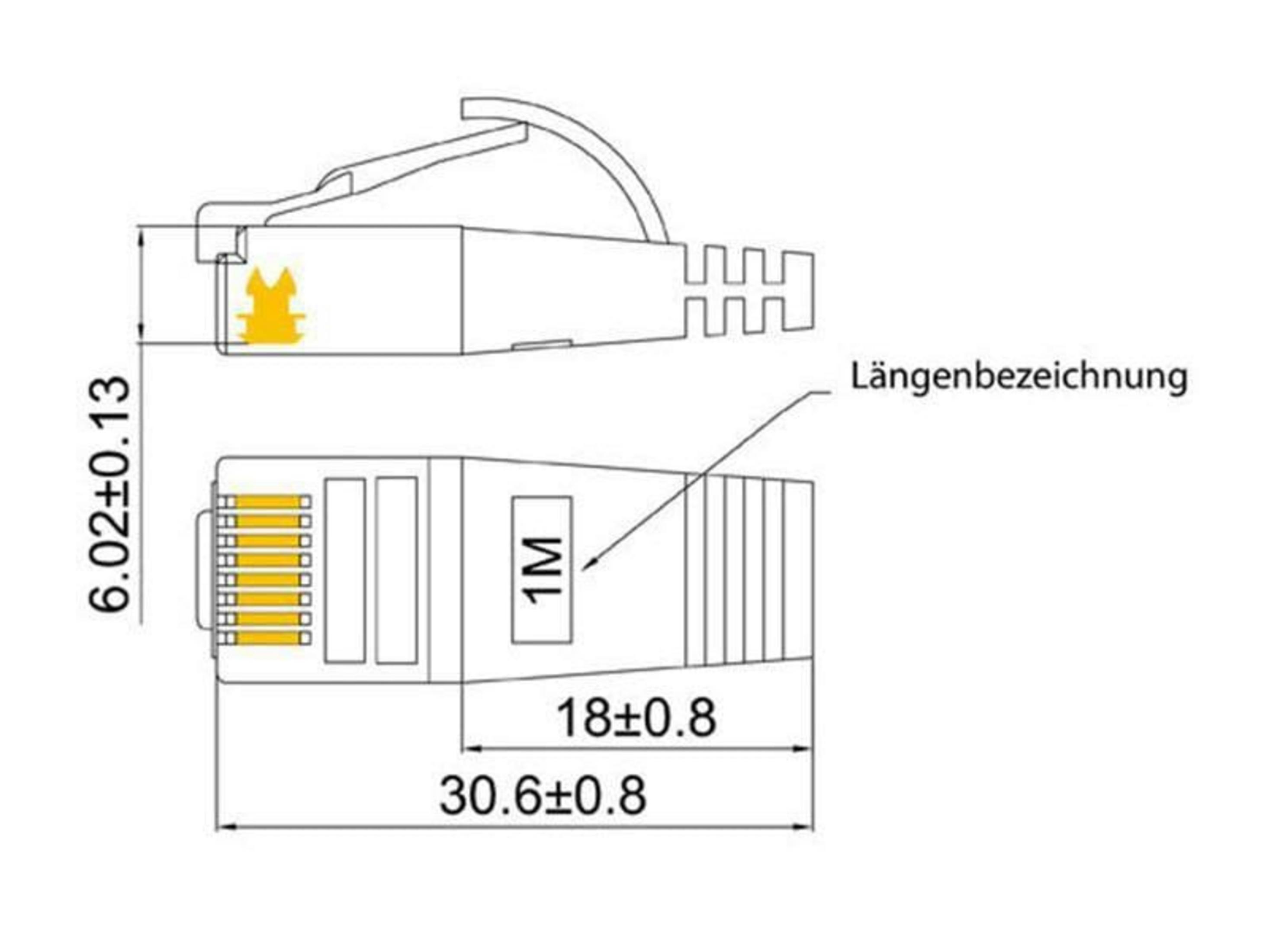 Dessin technique d'un connecteur RJ45 avec dimensions et désignation de longueur.
