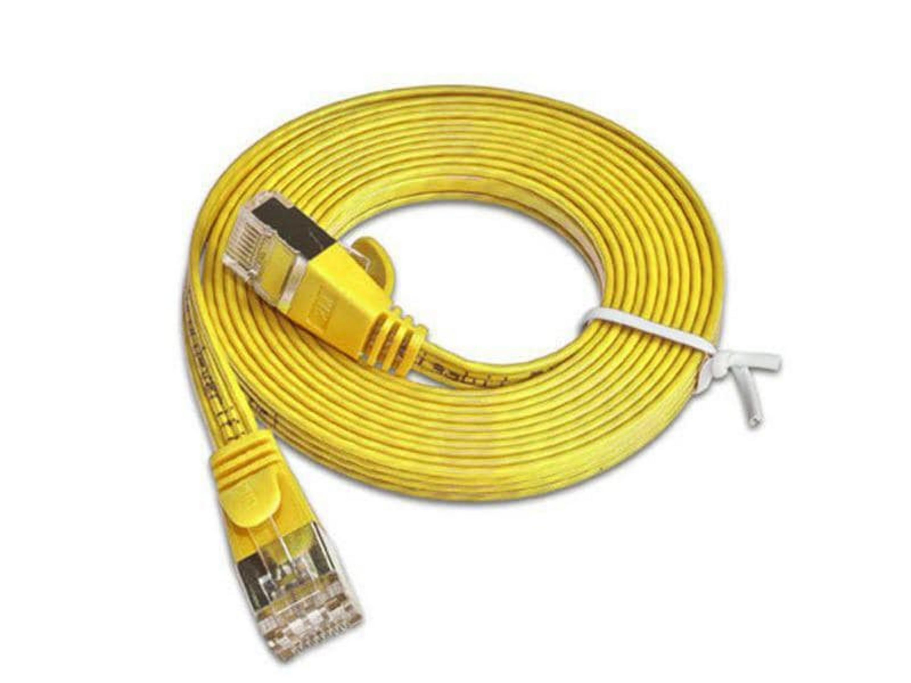 Un câble Ethernet jaune avec deux connecteurs RJ45, enroulé.