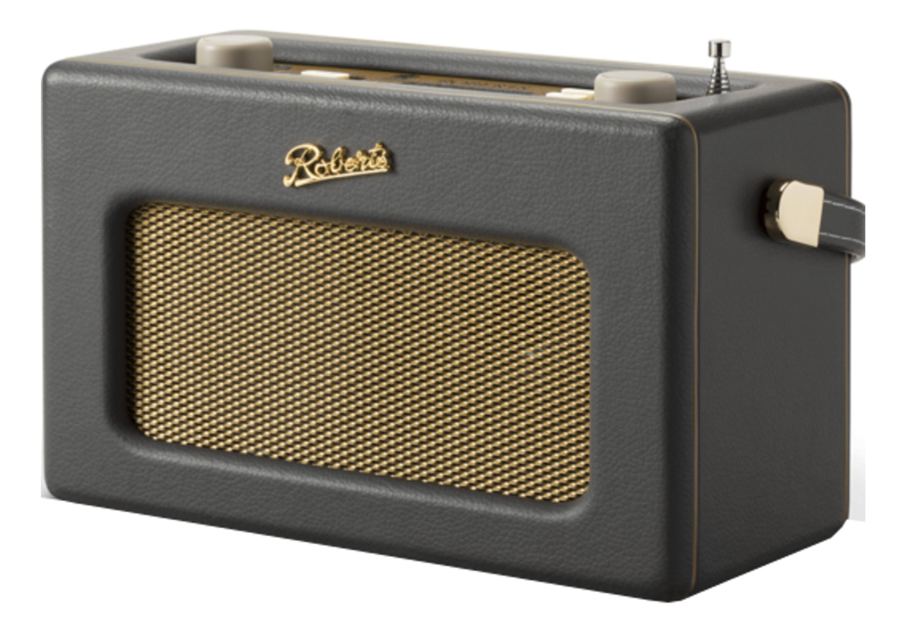 Szare radio Roberts ze złotą maskownicą głośnika i anteną.