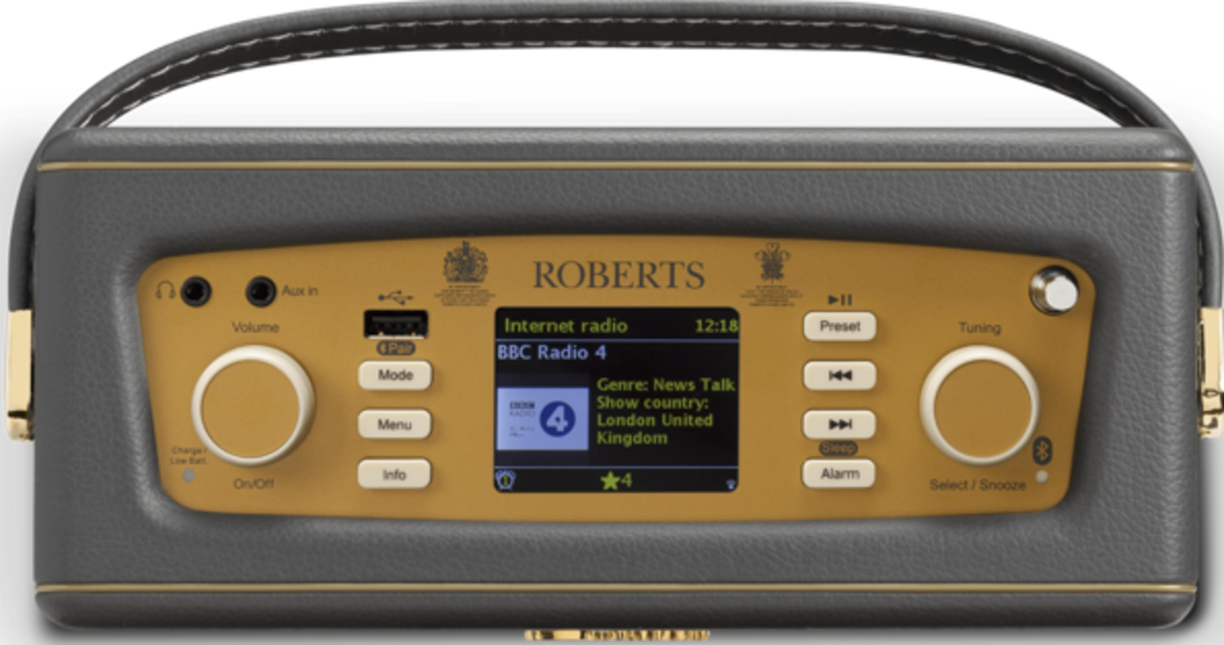 Radio internetowe Roberts z szarą imitacją skóry, złotym panelem przednim i wyświetlaczem.