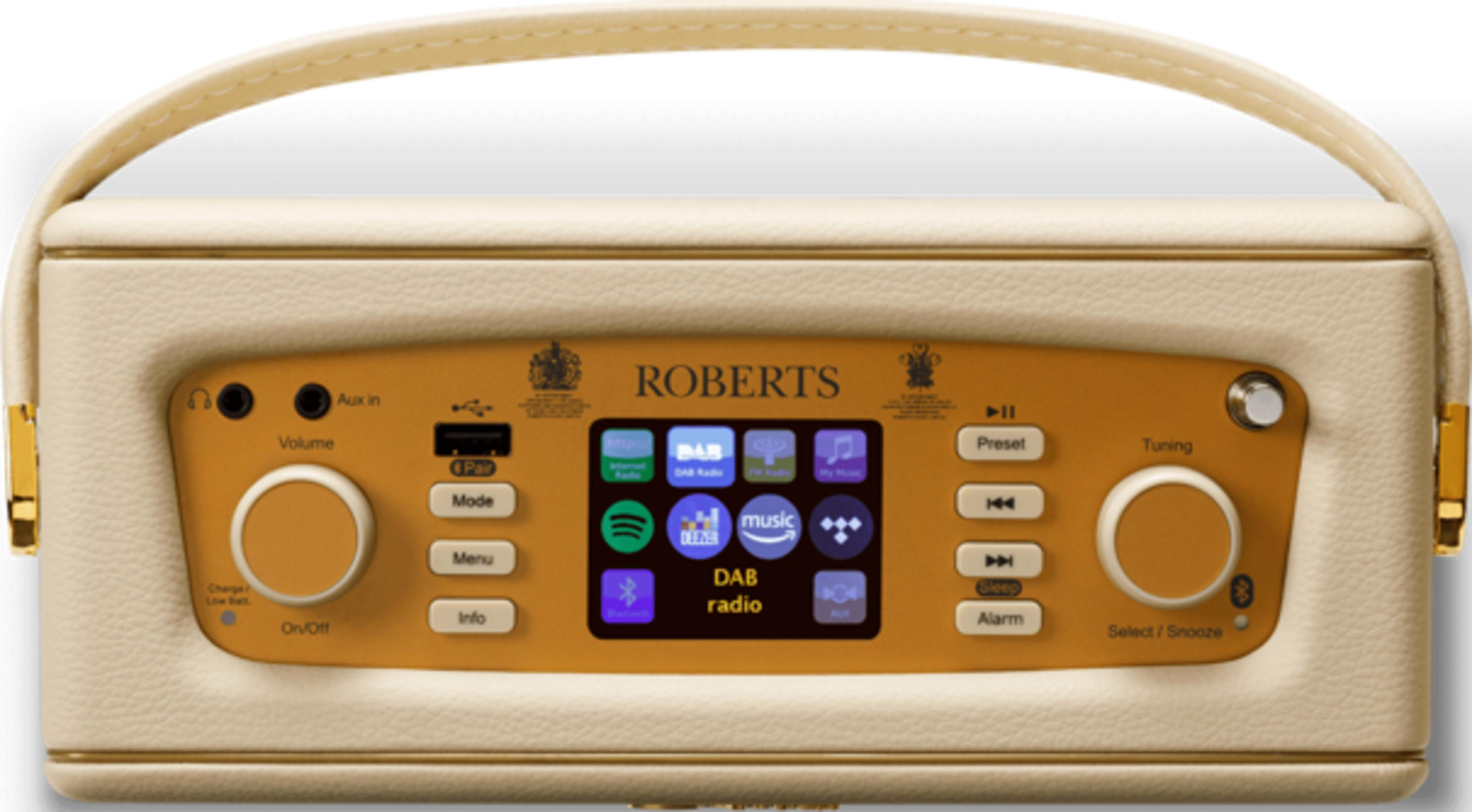 Kremowe radio Roberts z kolorowym ekranem dotykowym i przyciskami sterującymi.