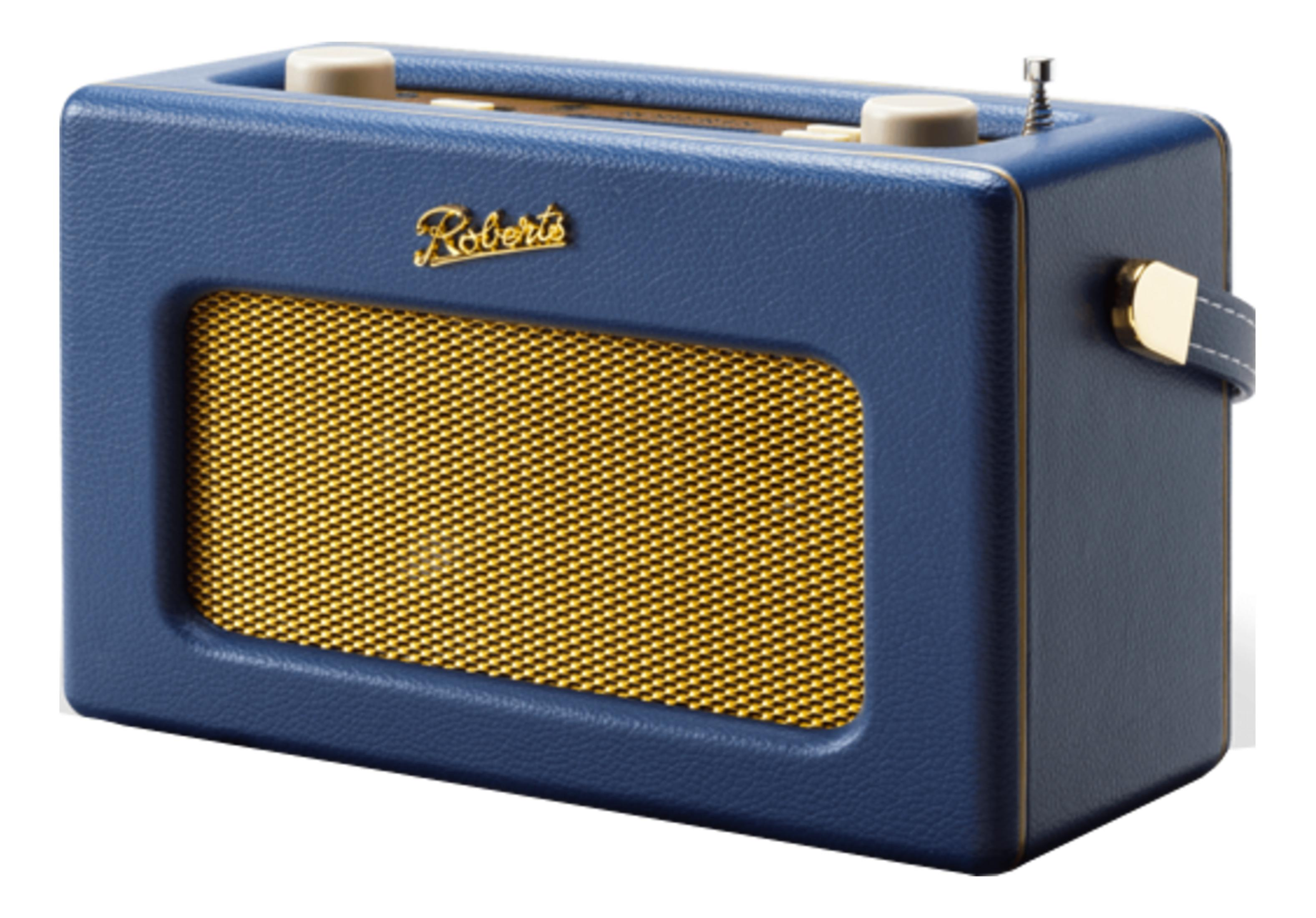 Niebieskie radio retro ze złotą maskownicą głośnika i anteną.