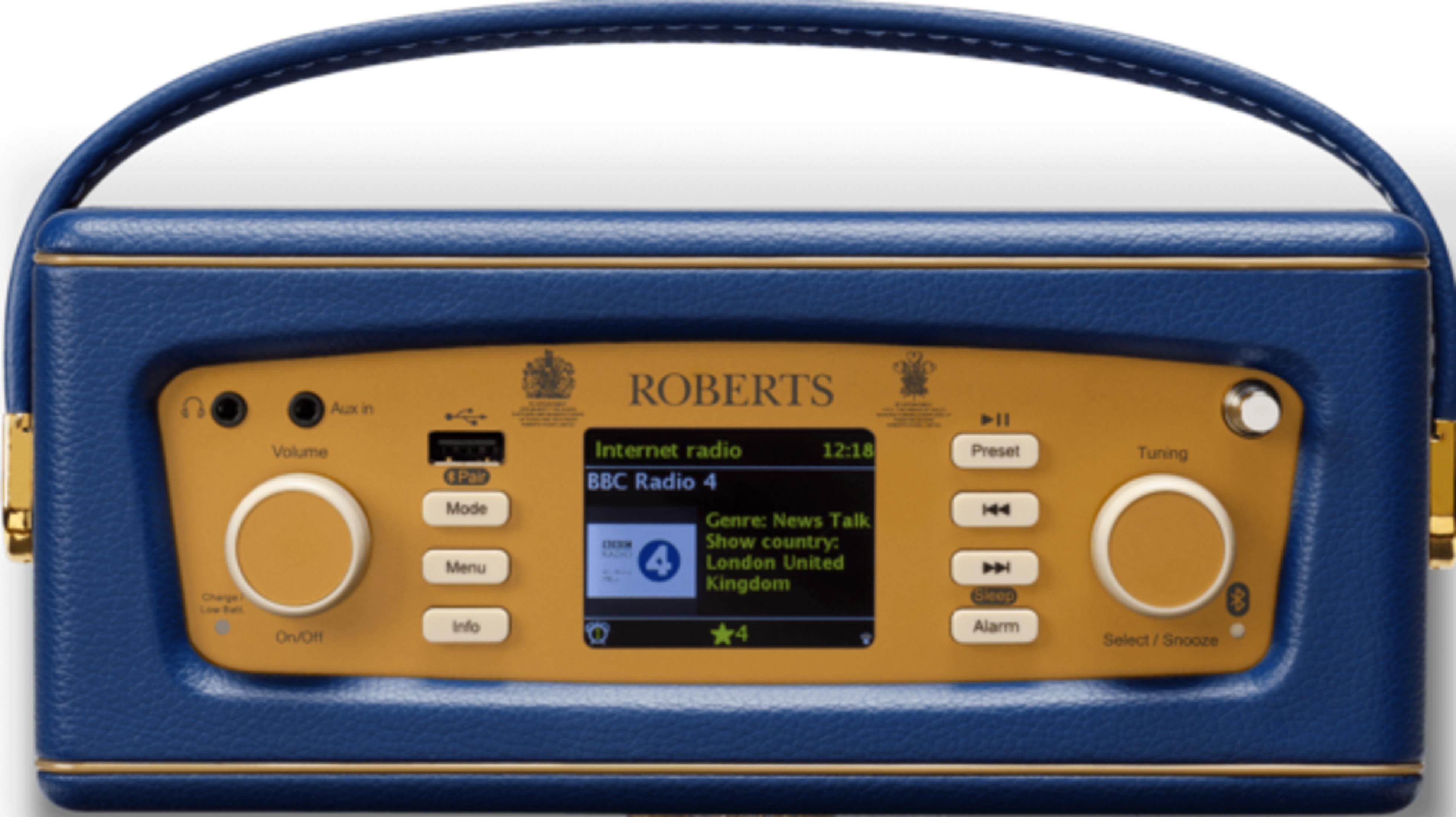 Niebieskie radio Roberts ze złotym panelem przednim i ekranem LCD.