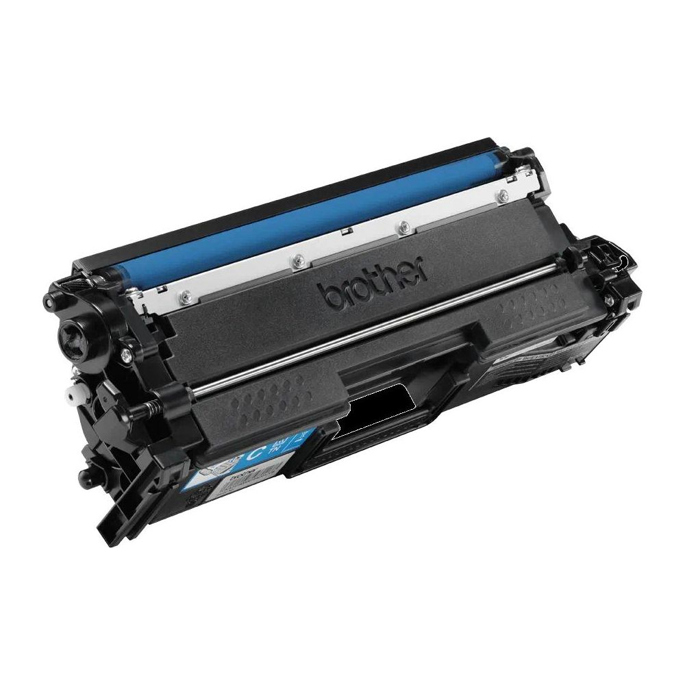 Czarny toner Brother z niebieskim wałkiem i szczegółowymi złączami.