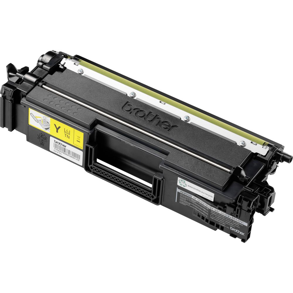 Ein gelber Brother TN Toner für Drucker. Auf weißem Hintergrund.