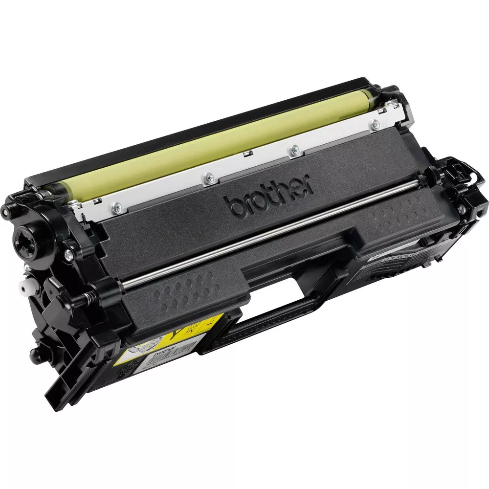 Cartouche de toner Brother noire avec tambour jaune et accents argentés.