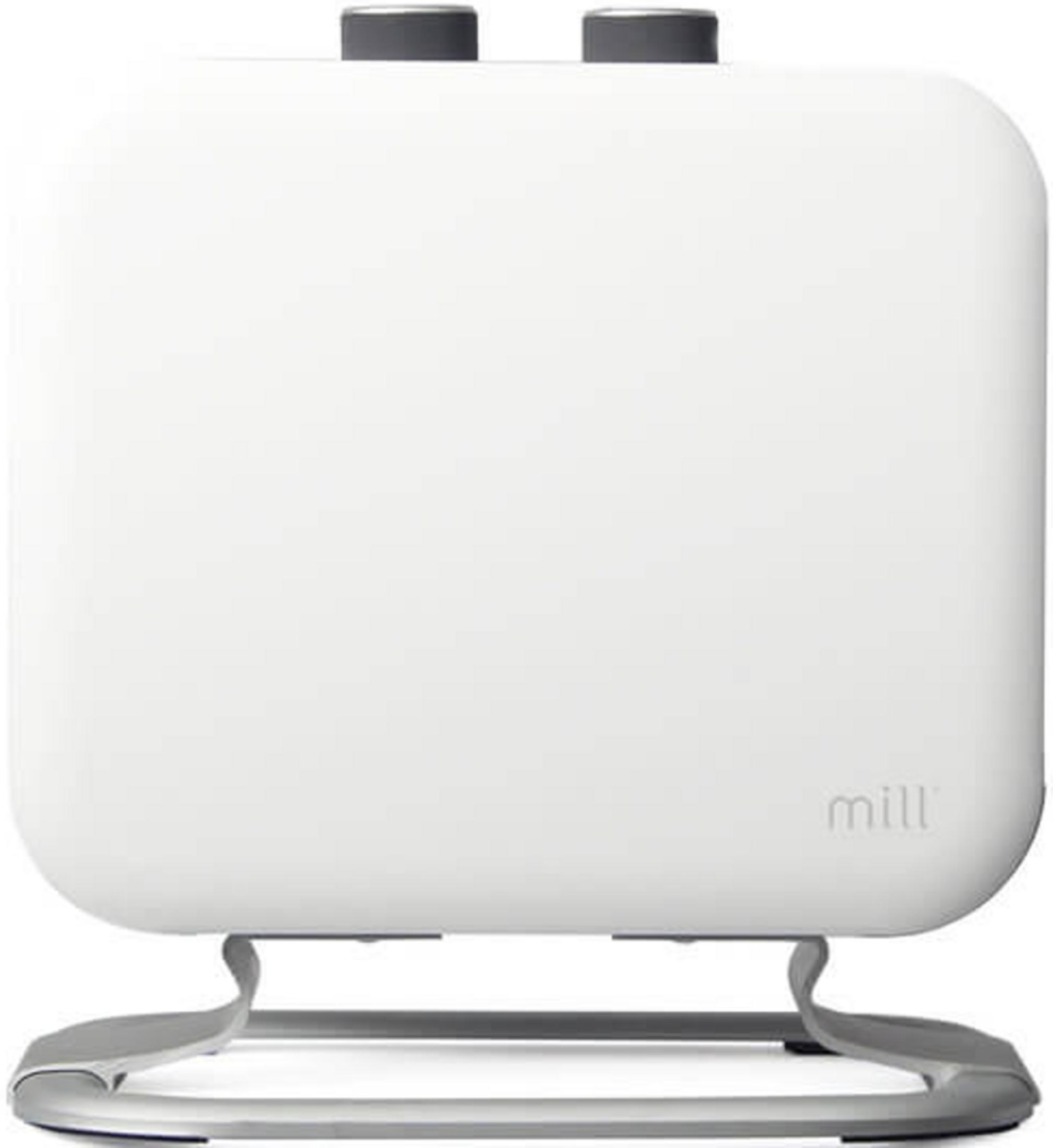 Un dispositivo Mill bianco con pulsanti grigi su un supporto argentato.