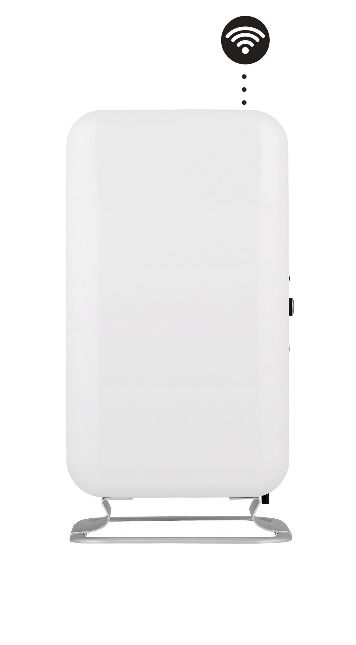 Een wit apparaat met wifi-symbool en stippen op een zilveren standaard.