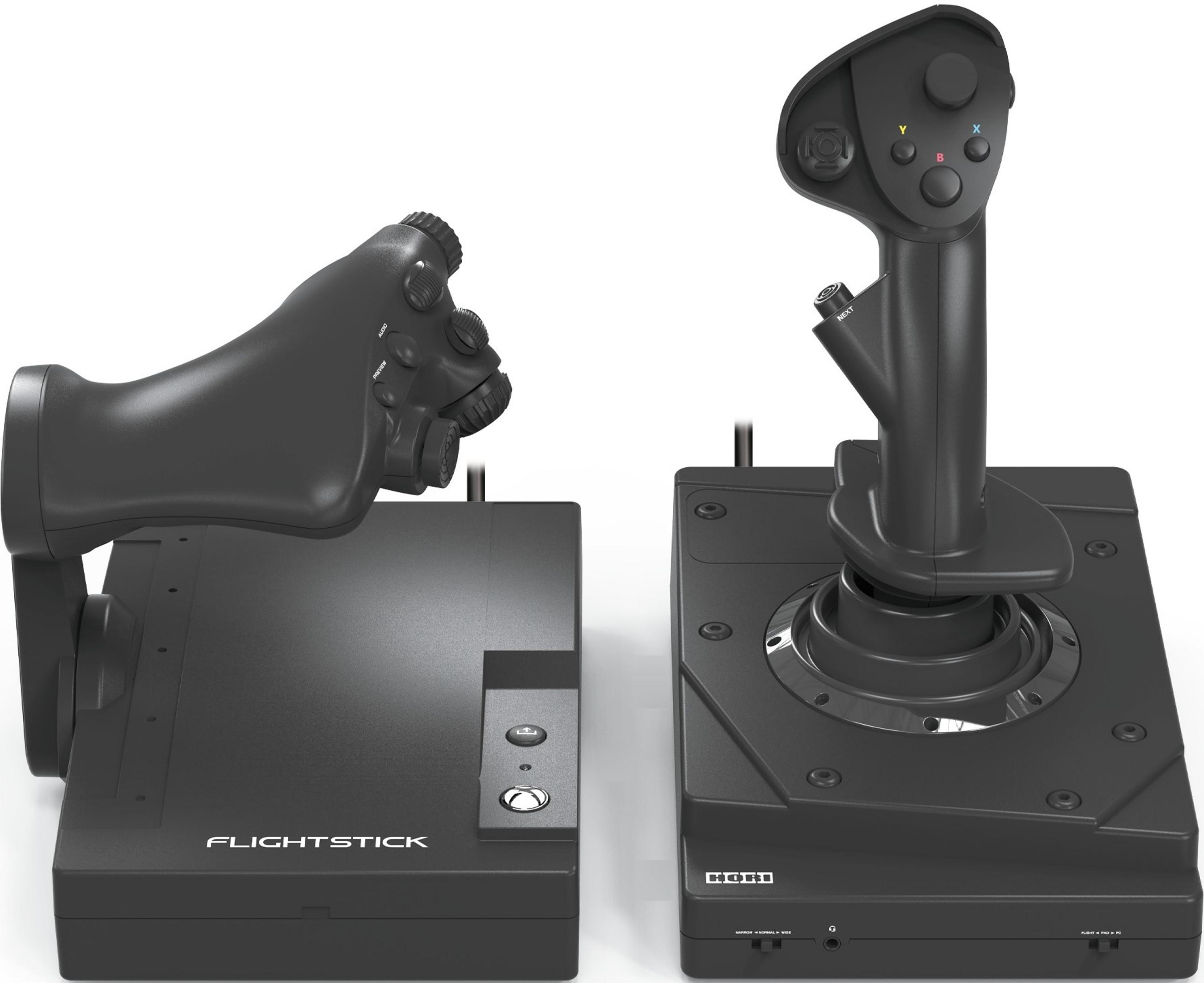 Dos joysticks de vuelo negros con bases, uno con agarre curvo, el otro con stick recto.