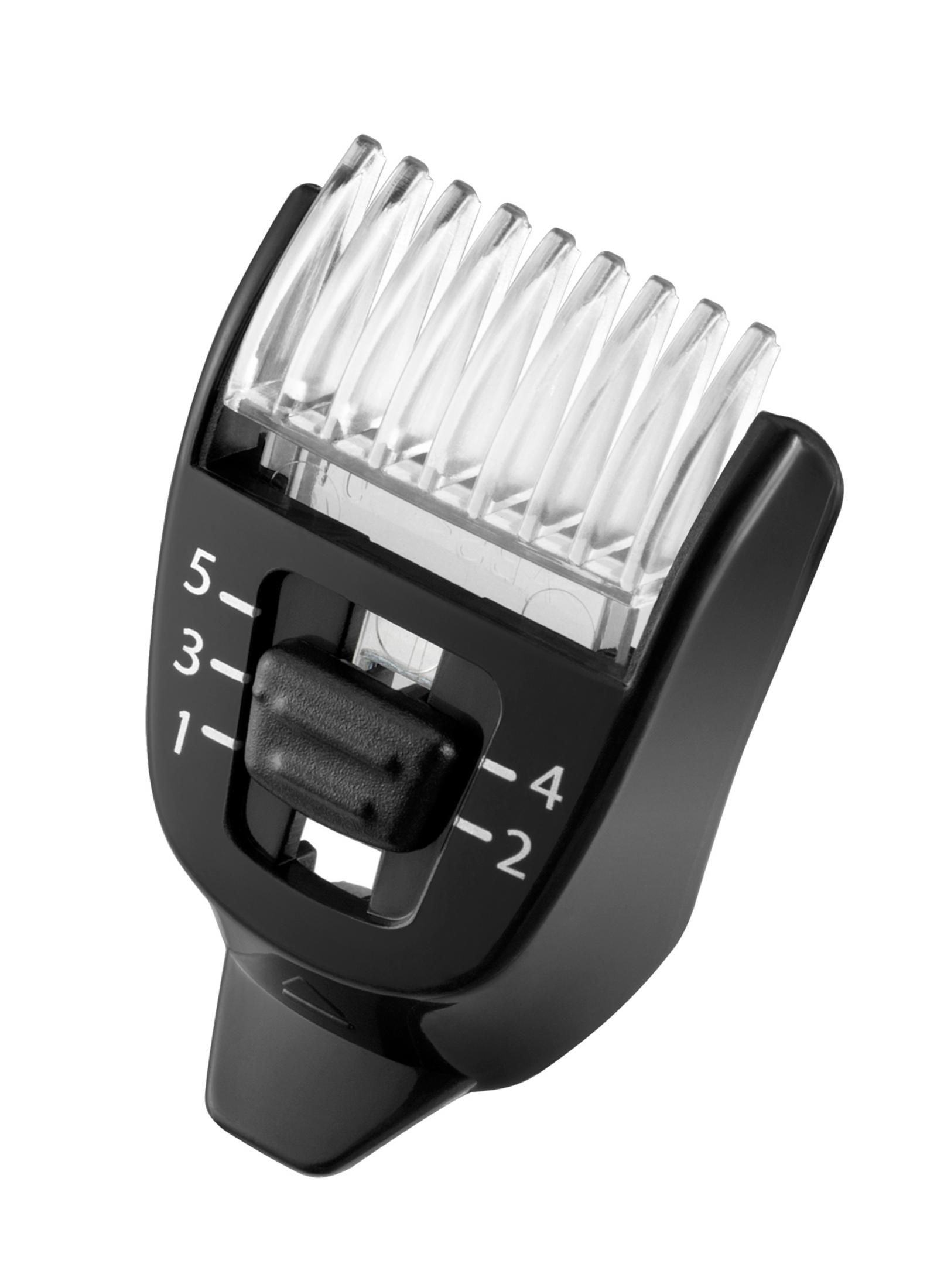 Un sabot noir pour tondeuse avec dents transparentes et molette de réglage de longueur.