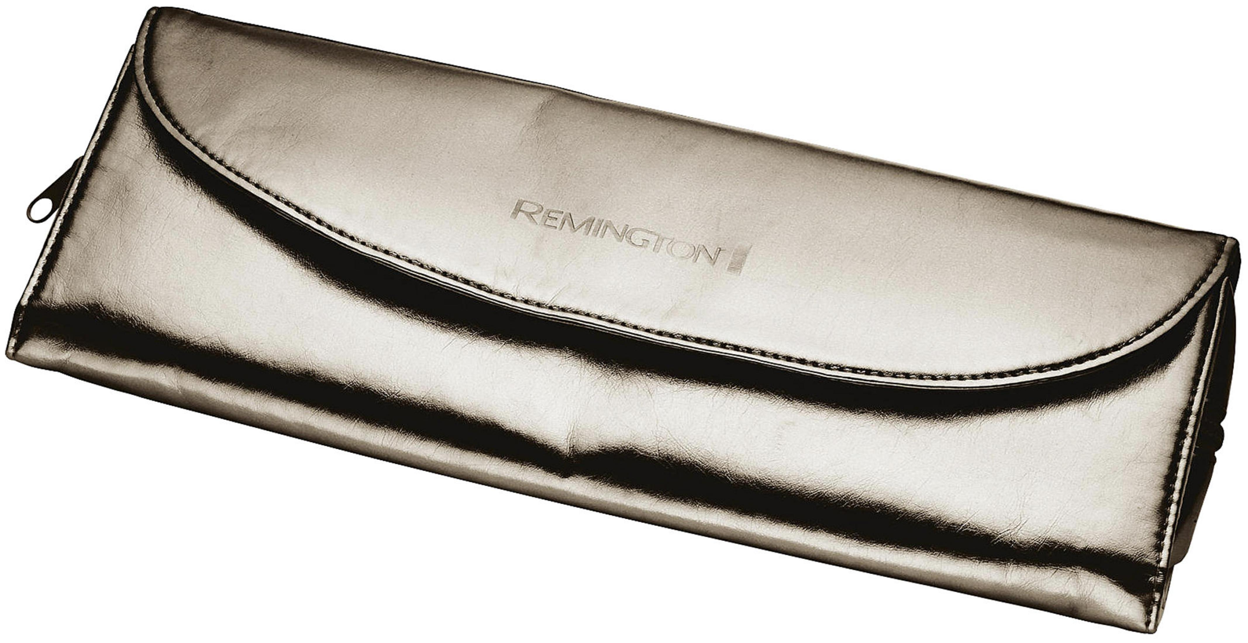 Un estuche plateado Remington con cremallera y costuras.