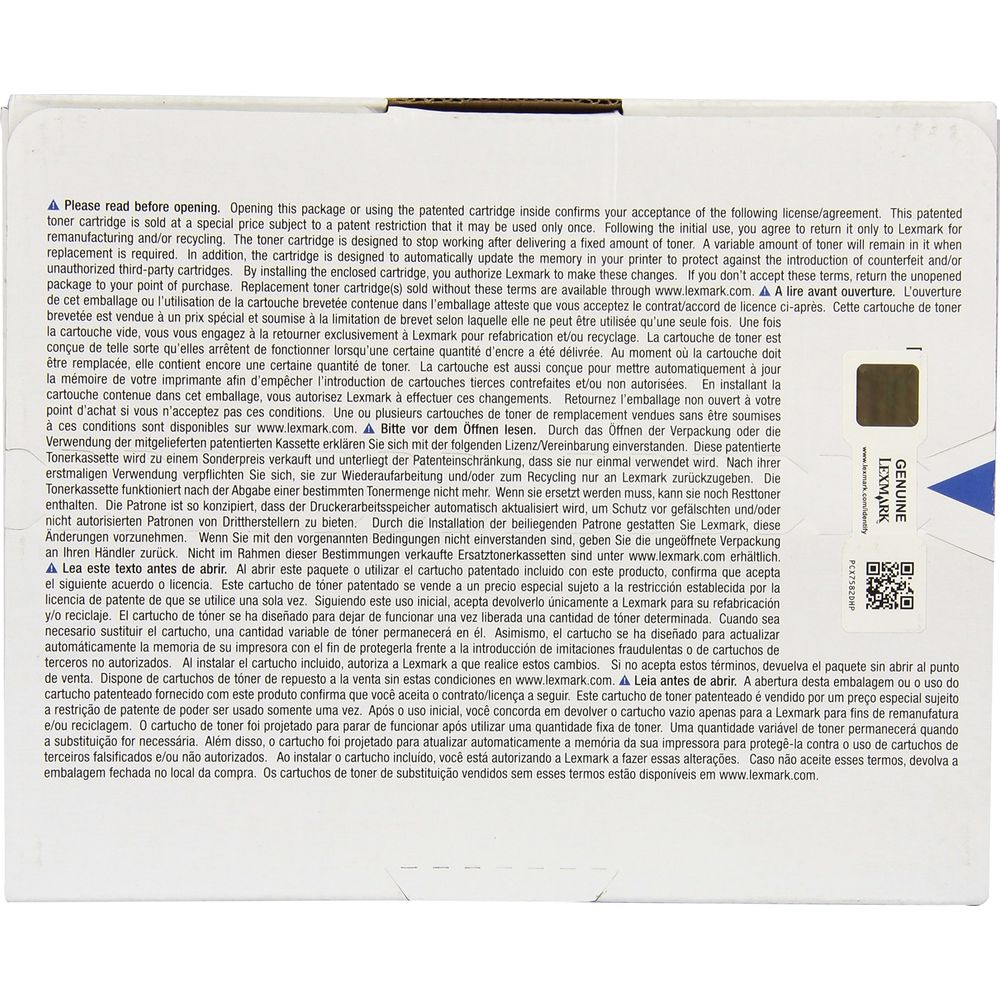 Embalaje de cartucho de tóner Lexmark genuino con advertencias y acuerdo de licencia.