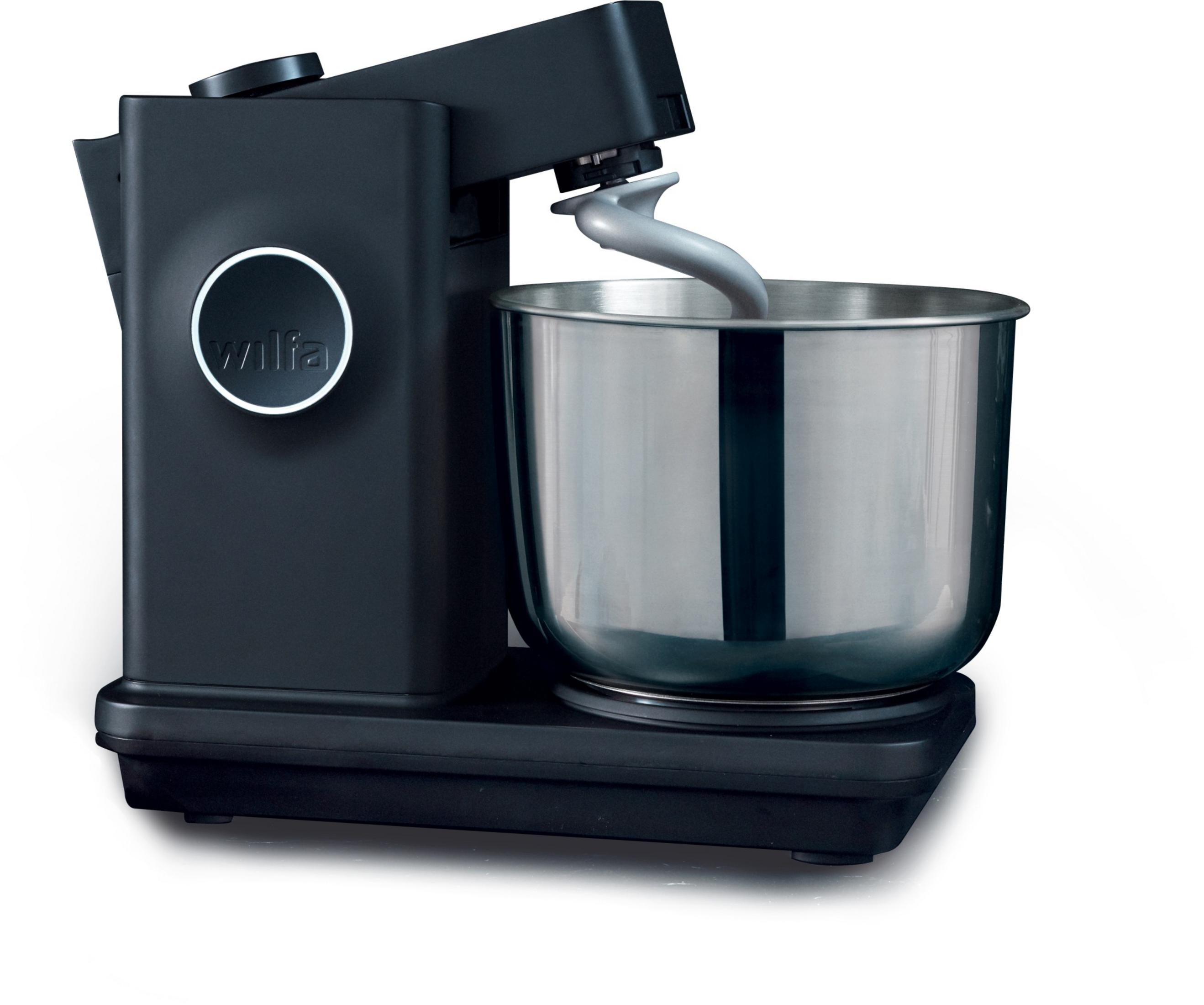 Un robot de cocina negro con bol de acero inoxidable y gancho.