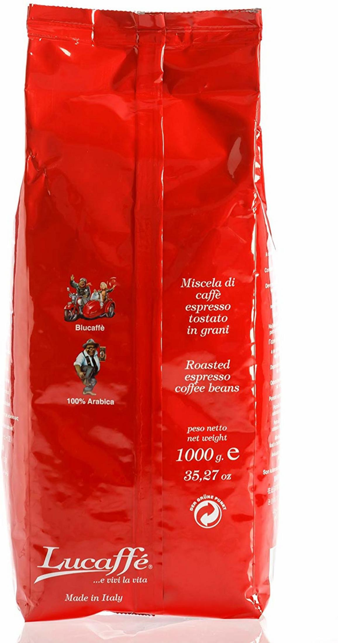 Sacchetto di caffè rosso Lucaffé con testo e immagini di persone su moto e un uomo.