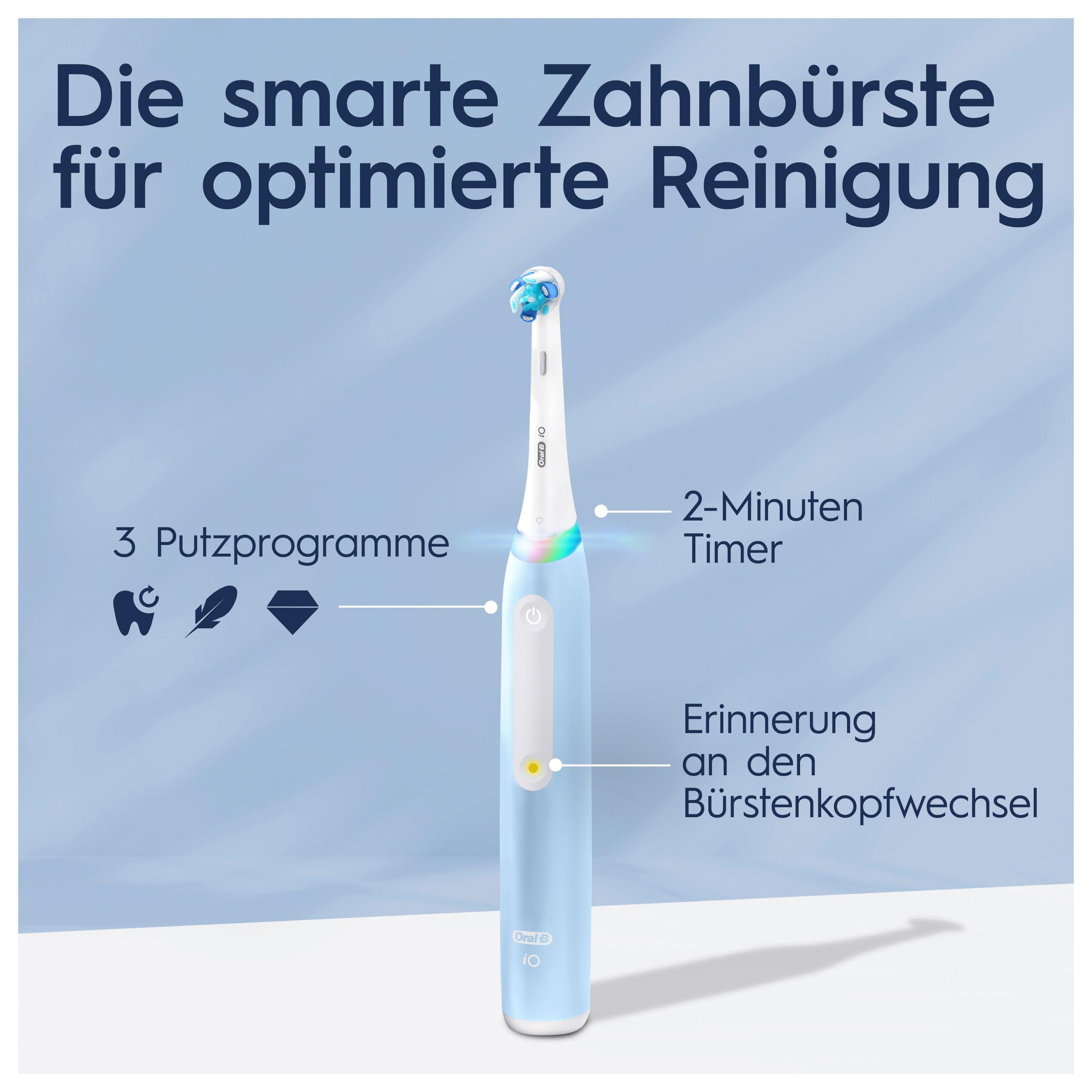Un cepillo de dientes azul Oral-B iO con tres modos y temporizador.