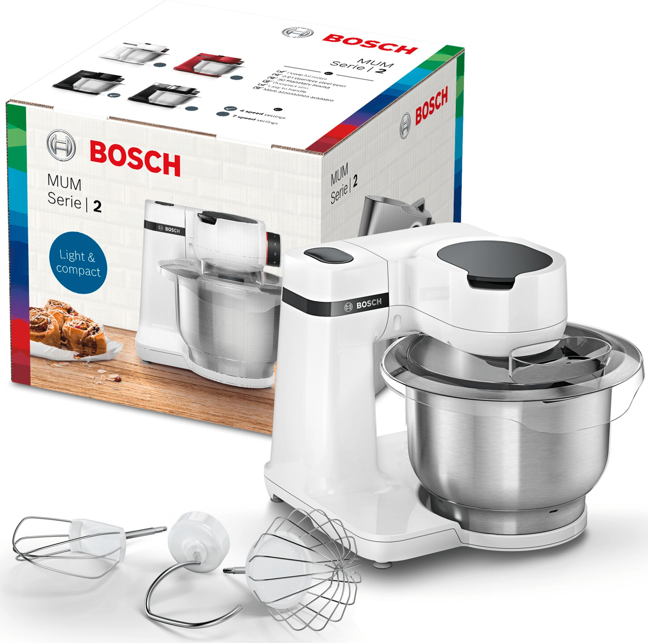 Ein weier Bosch MUM Serie 2 Kchenmaschinen-Set mit Schssel und Schneebesen.