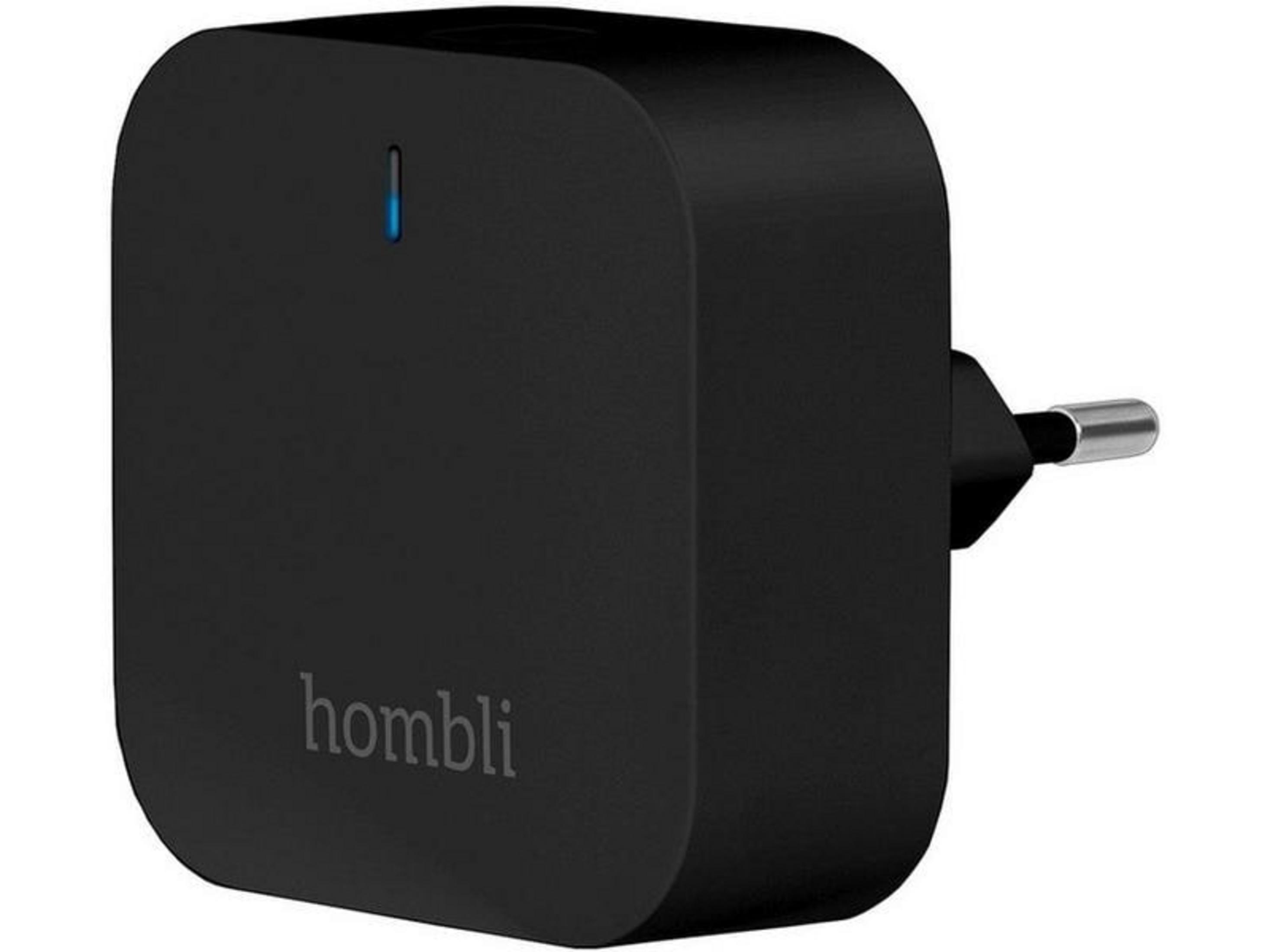 Spina nera con luce blu e logo 'homli'.