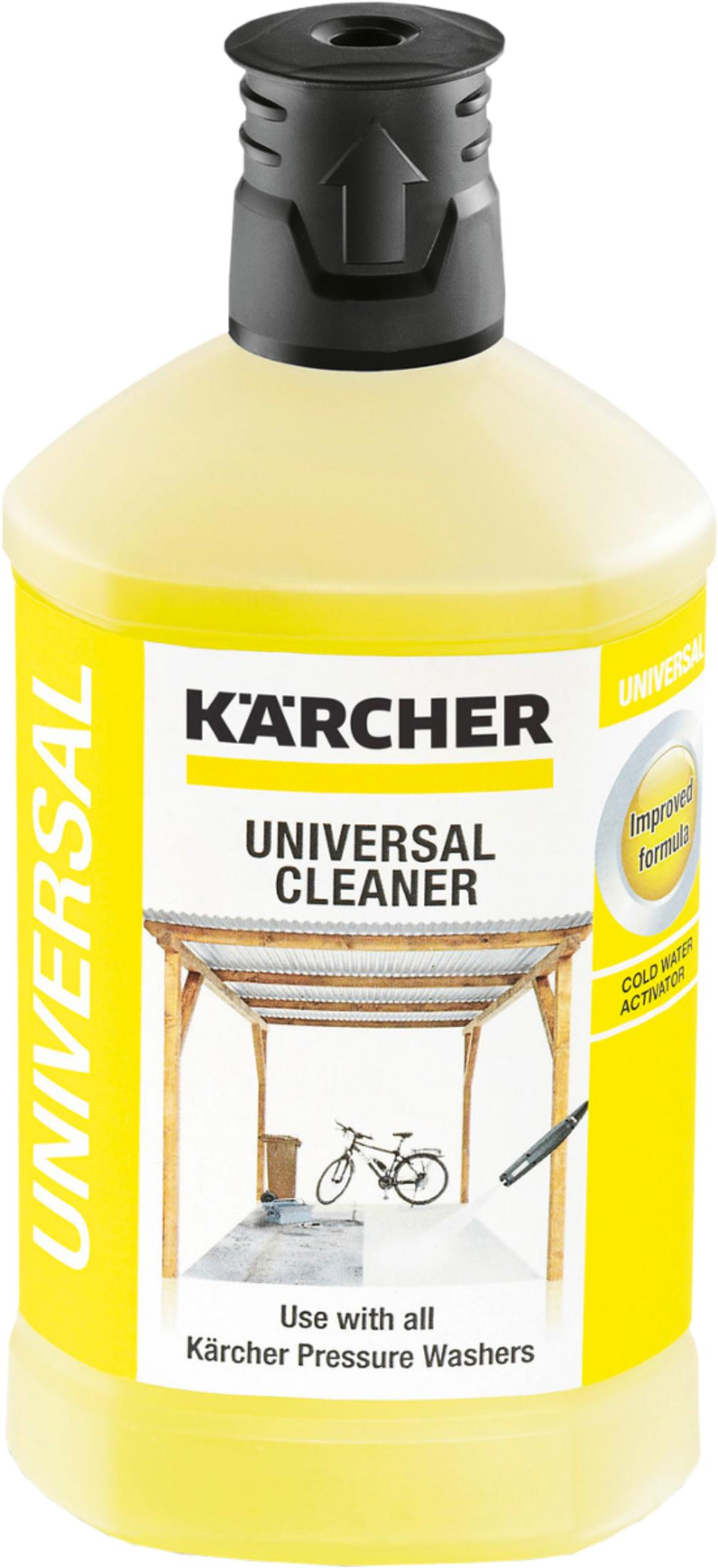 Gelbe Flasche Kärcher Universalreiniger mit Bild eines Fahrrads unter einem Vordach.