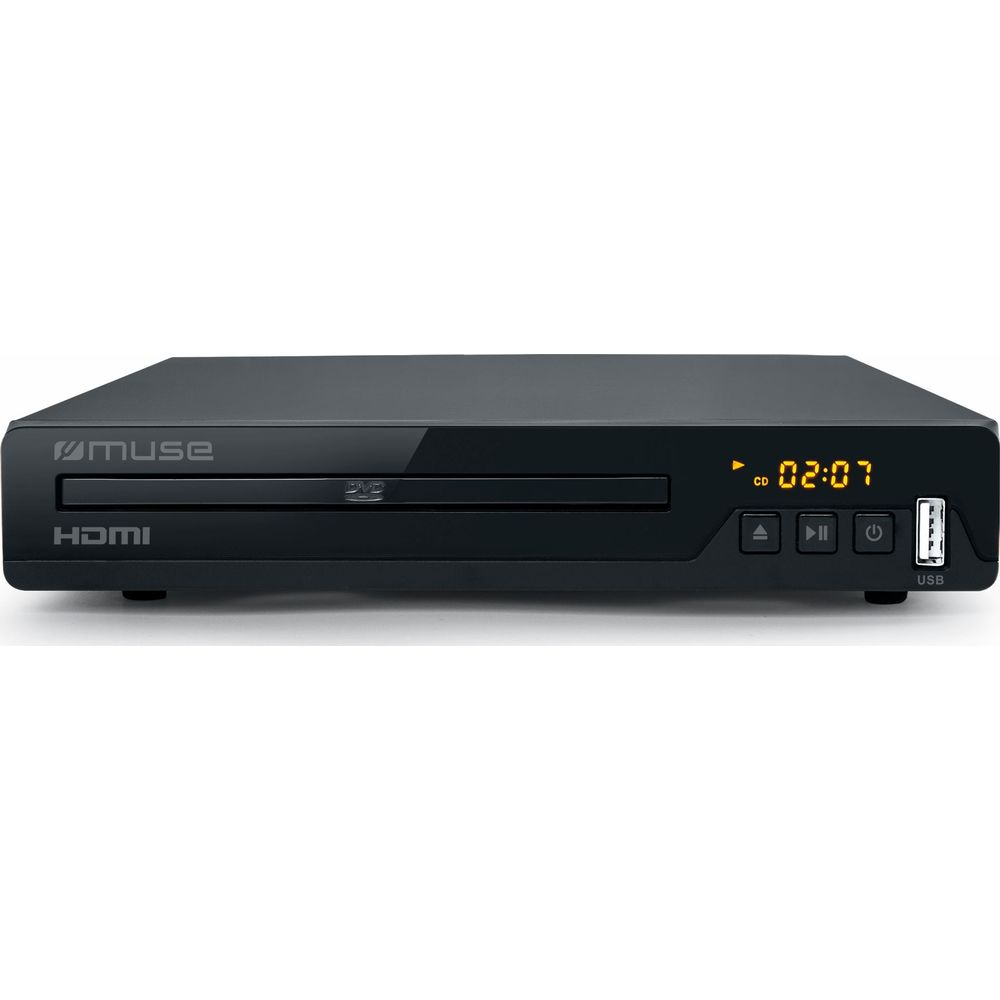 Schwarzer DVD-Player mit „Muse“-Logo, HDMI-Anschluss und Digitalanzeige.