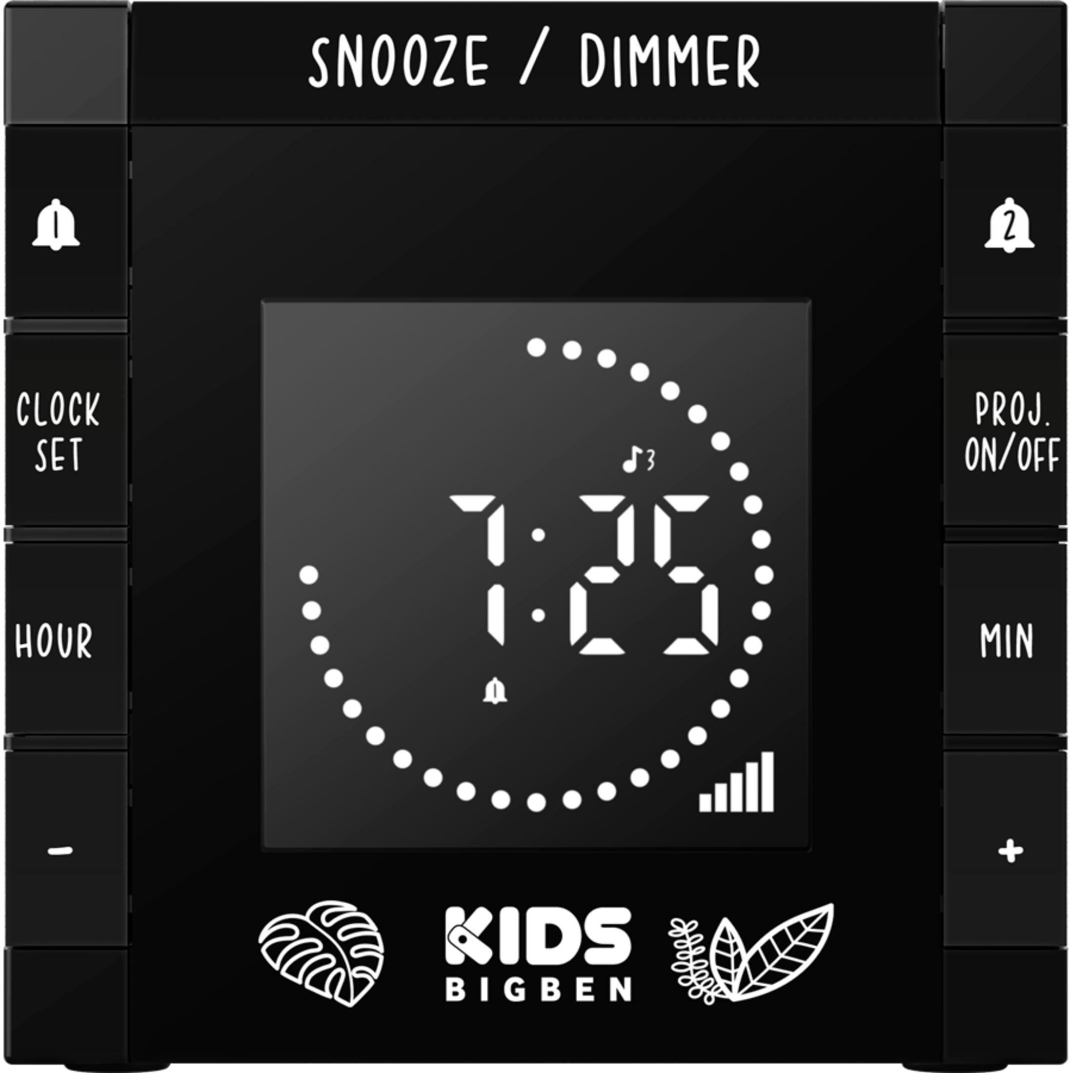 Czarny budzik cyfrowy pokazujący 7:25 z ikonami.