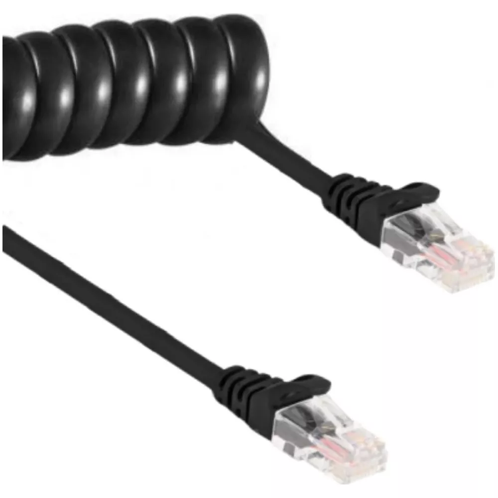 Cavo nero a spirale con due connettori RJ45 su sfondo bianco.