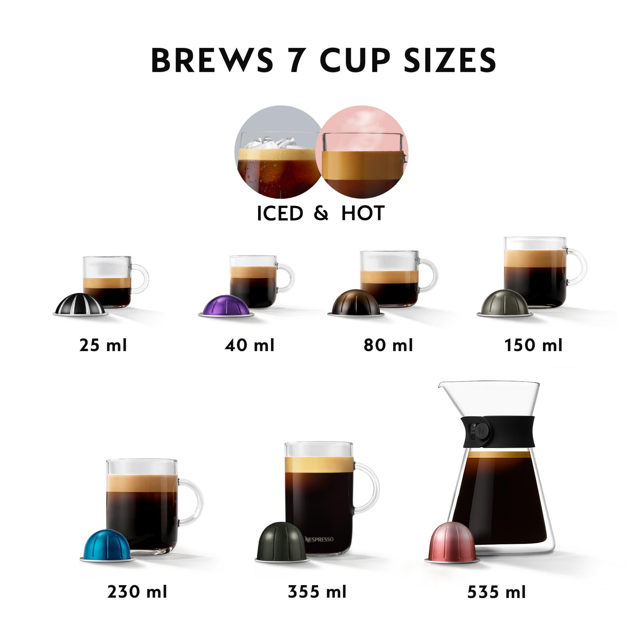 Kaffeegetränke in 7 Größen, von 25 ml bis 535 ml, kalt und heiß.
