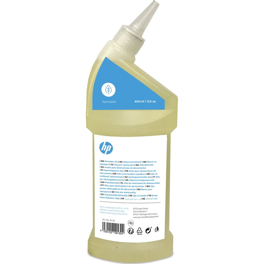 Una bottiglia di olio HP per distruggidocumenti, 400 ml.