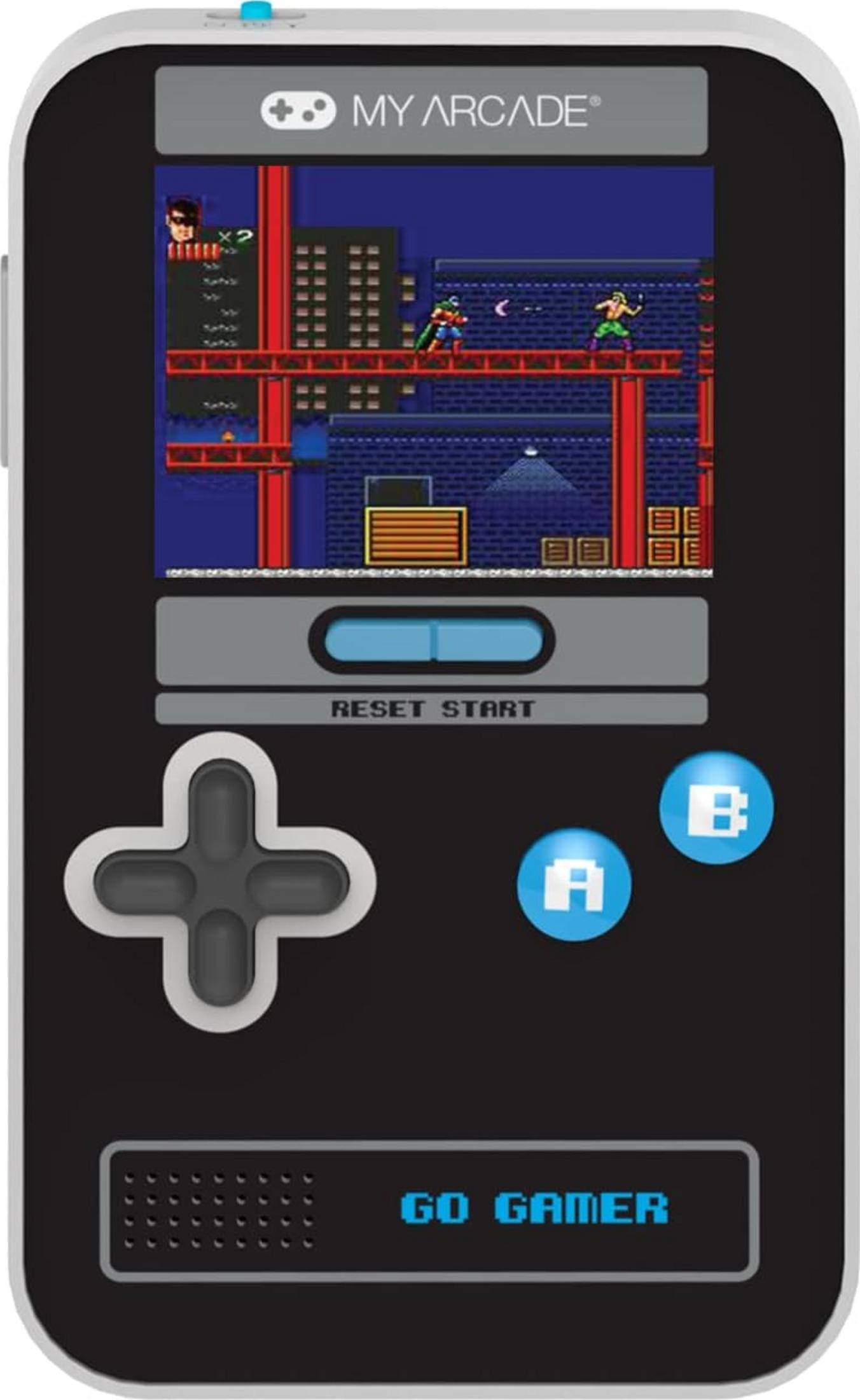 Un dispositivo de juego portátil con jugadores retro en pantalla y botones de control.