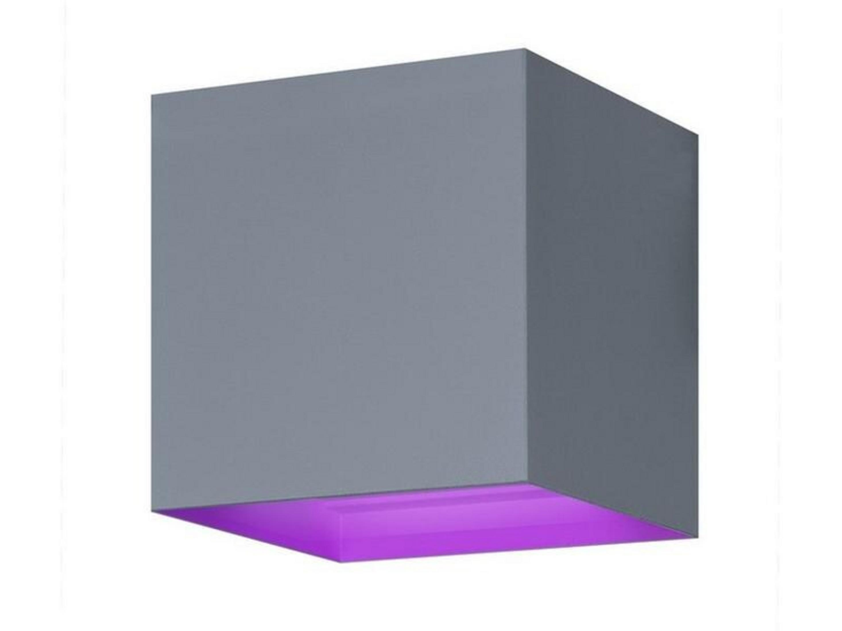 Cube gris avec éclairage violet par le bas.