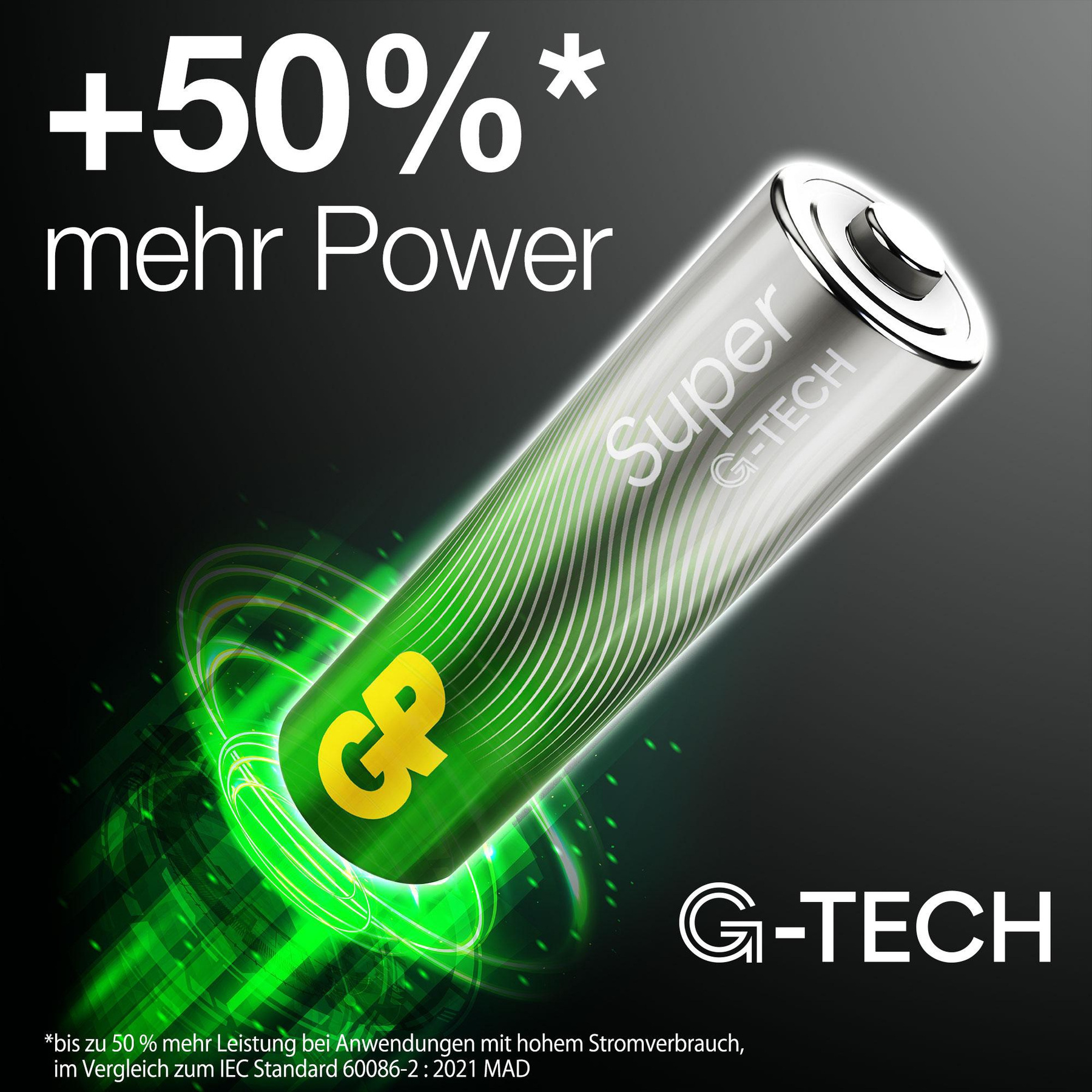 +50% mehr Power: eine GP G-TECH Batterie mit grünen Energieeffekten.