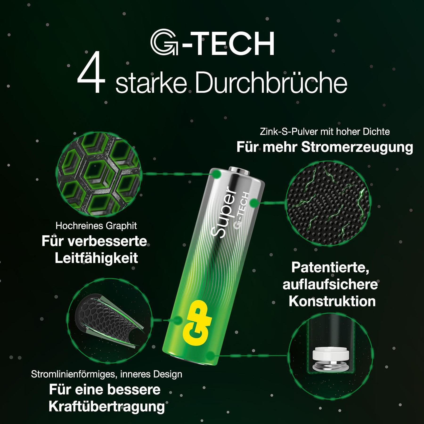 G-TECH Batterie mit 4 starken Durchbrüchen: Graphit, Zinkpulver, Design, Konstruktion.