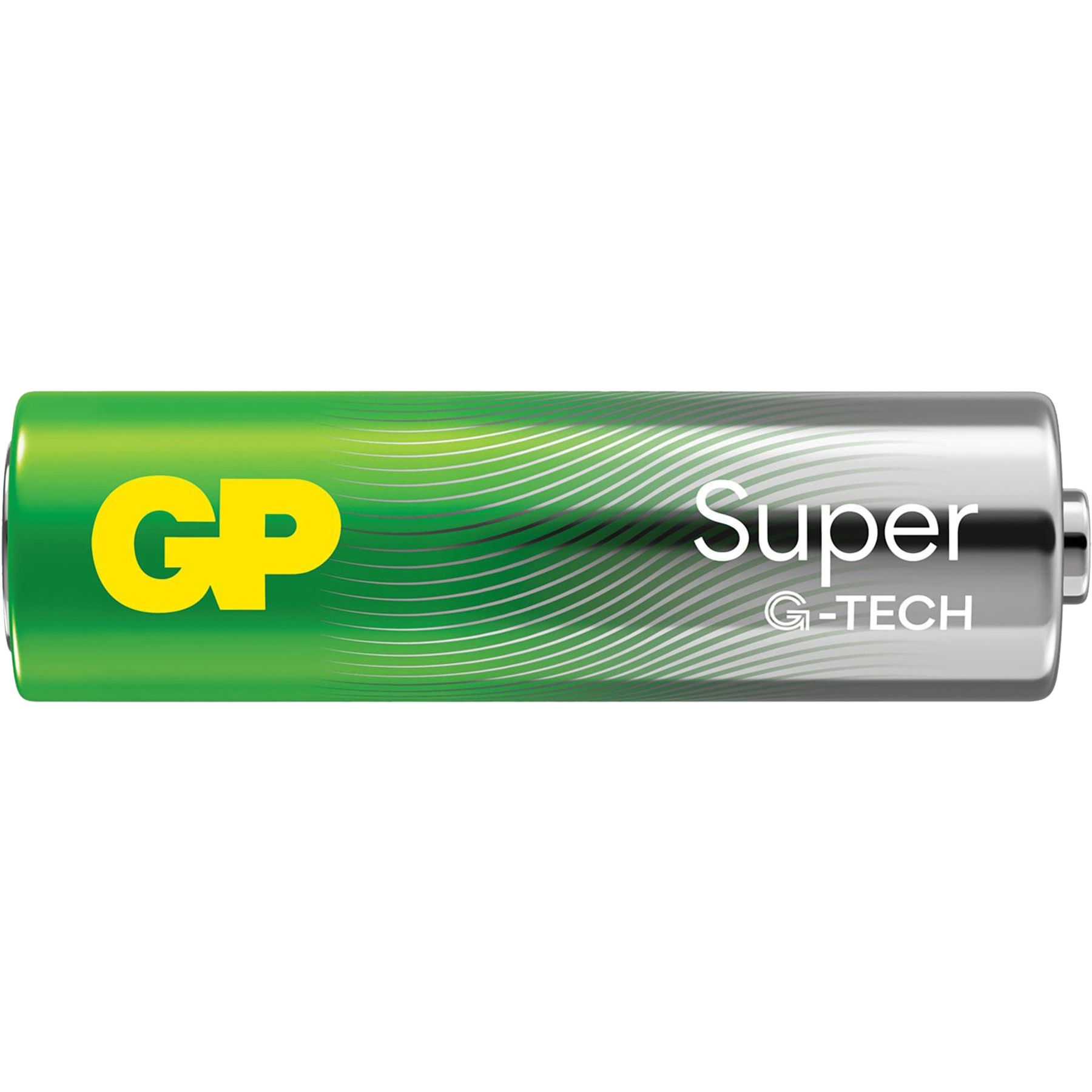 Eine GP Super G-TECH Batterie mit grünem Muster und silbernem Ende.